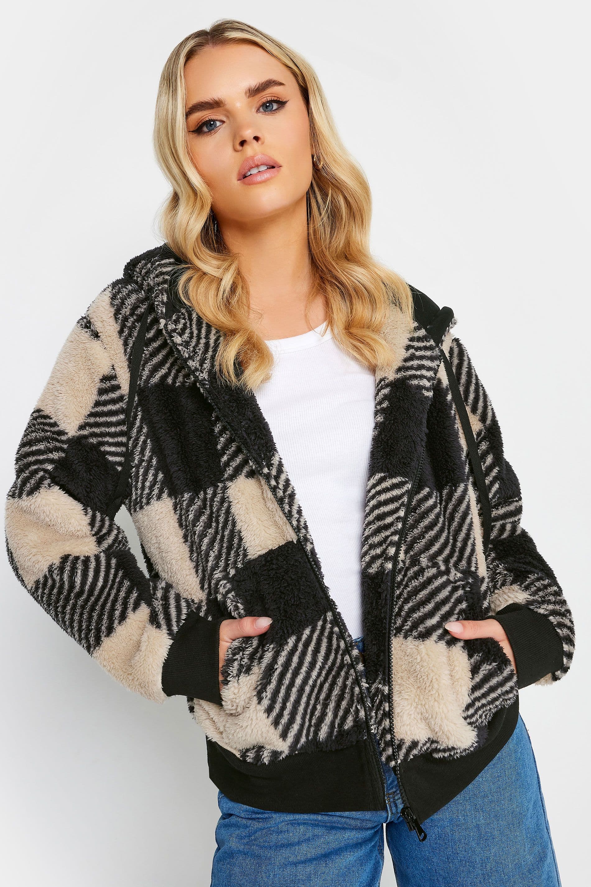 Petite Check Zip Through Fleece Hoodie