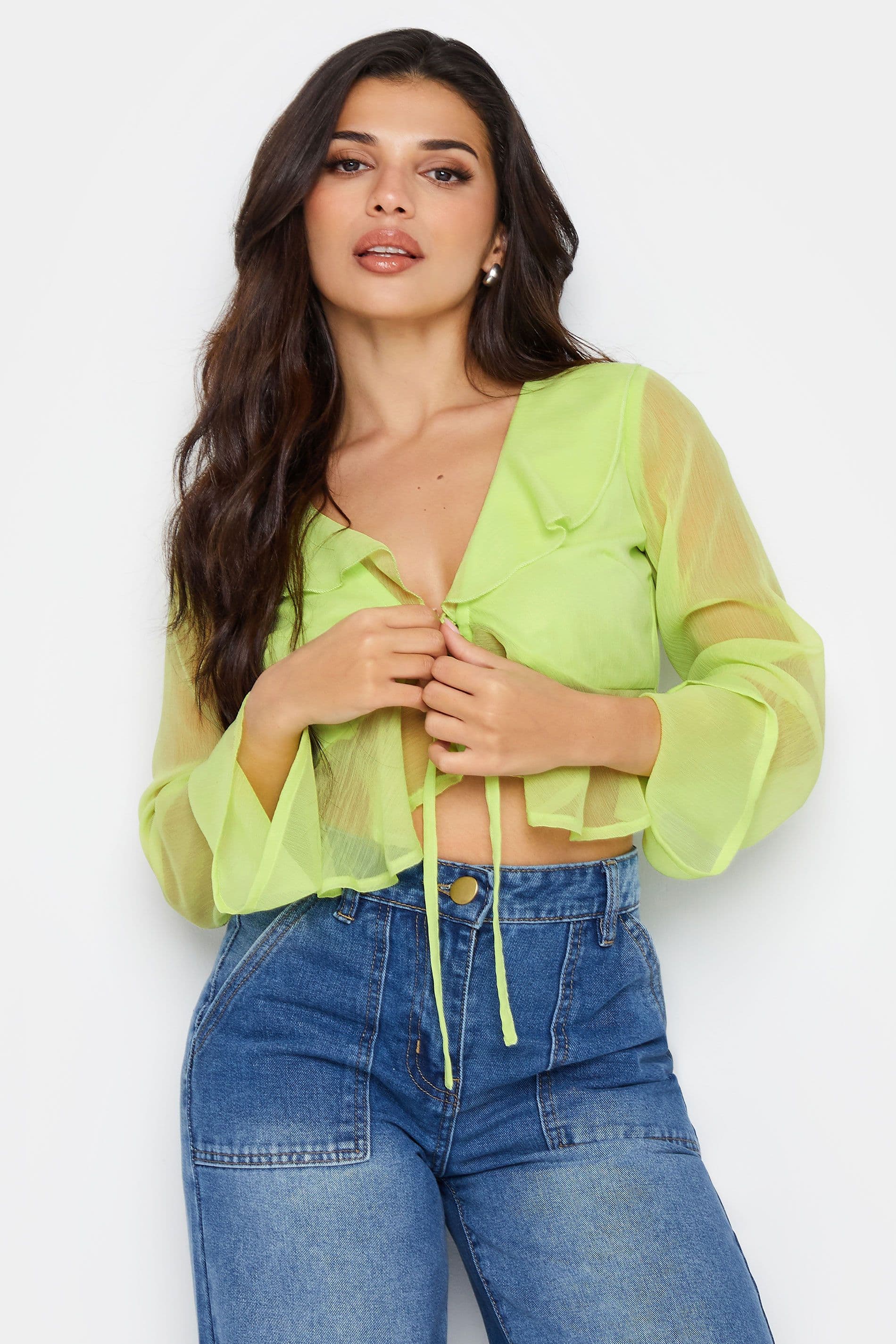 Petite Mesh Frill Tie Front Top
