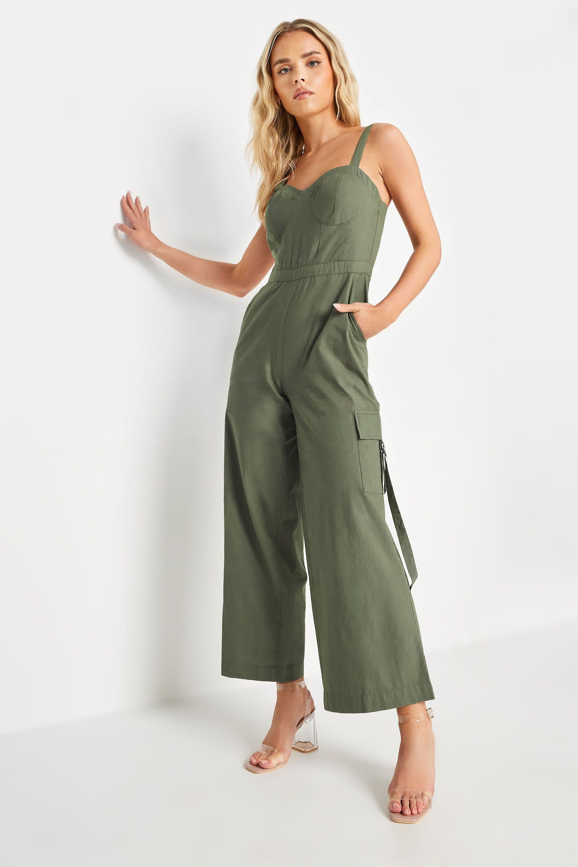 PixieGirl Women's Petite Utility Wide Leg Jumpsuit in Light Khaki | Size: 16