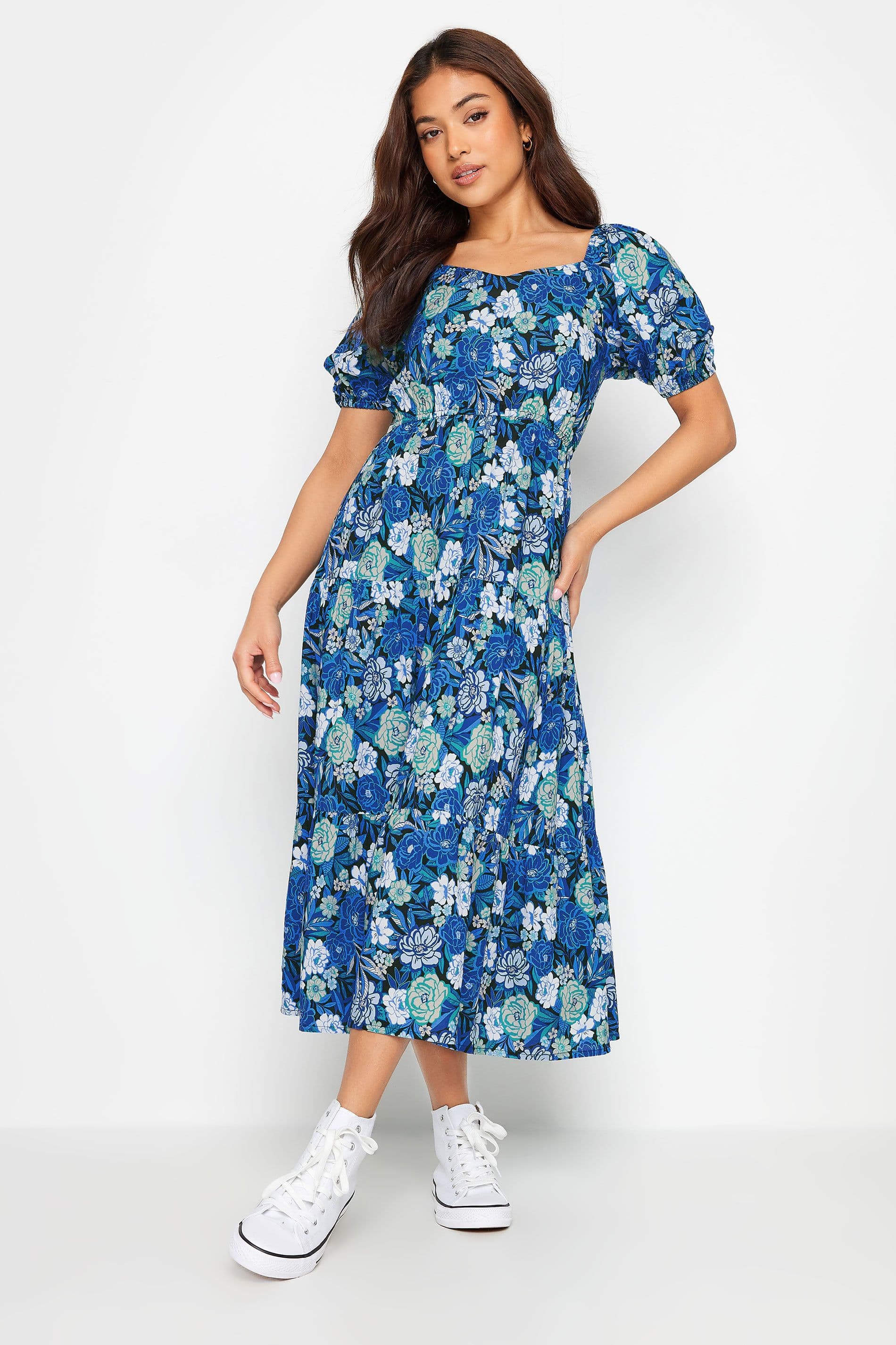 Petite Floral Print Puff Sleeve Midi Dress
