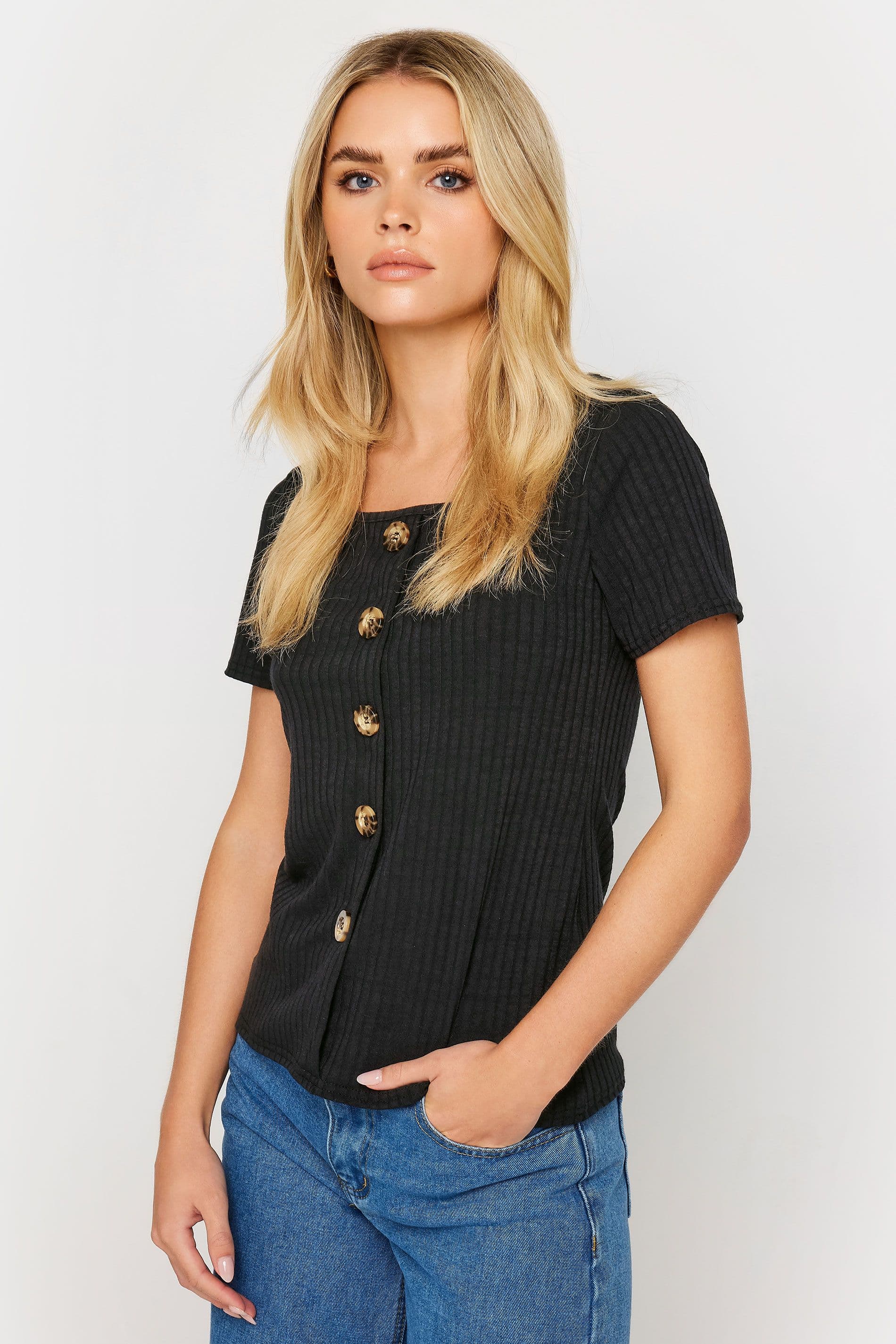 Petite Ribbed Button Detail T-Shirt