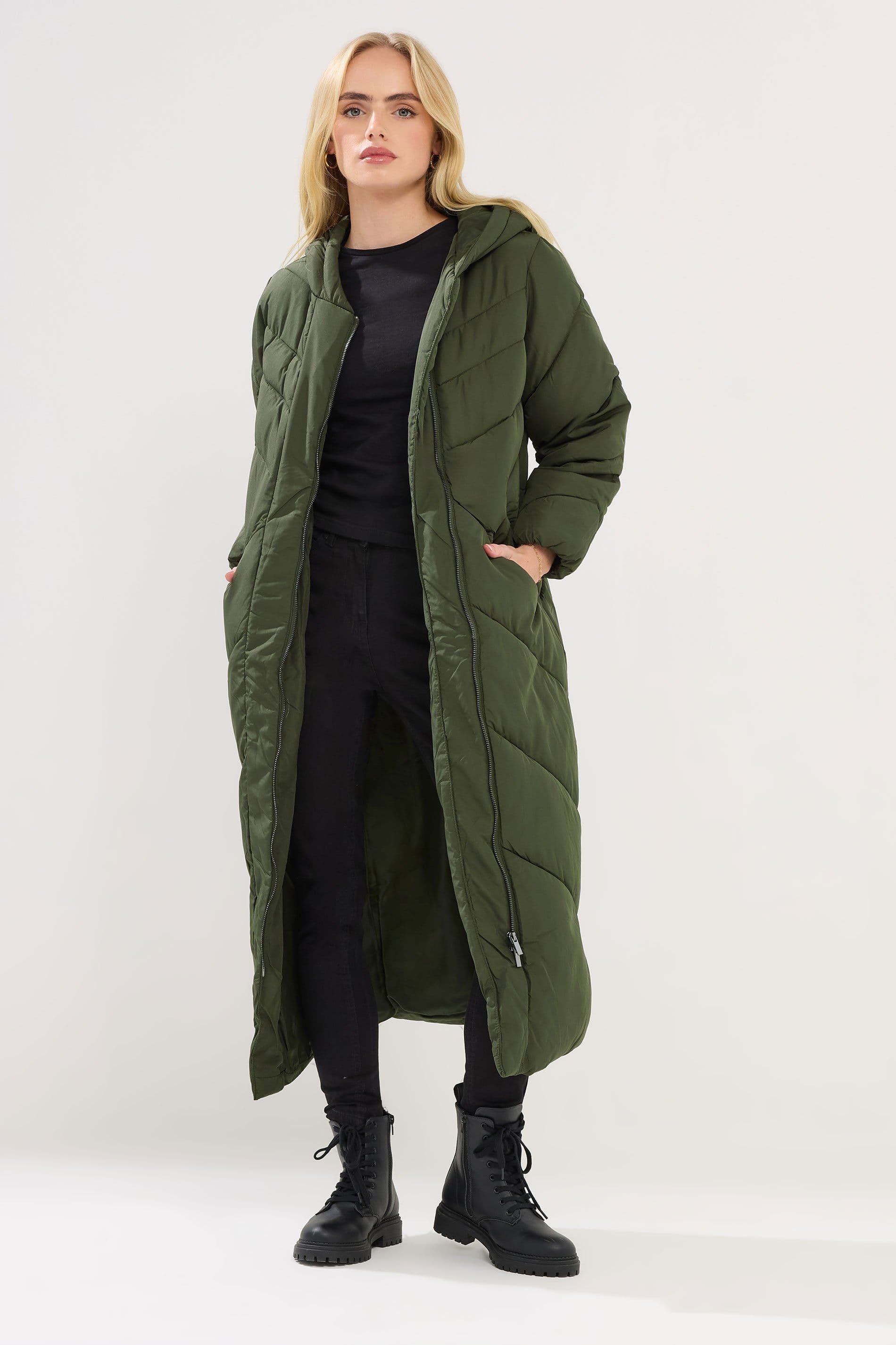 PixieGirl Women's Petite Padded Maxi Coat in Green | Size: 16