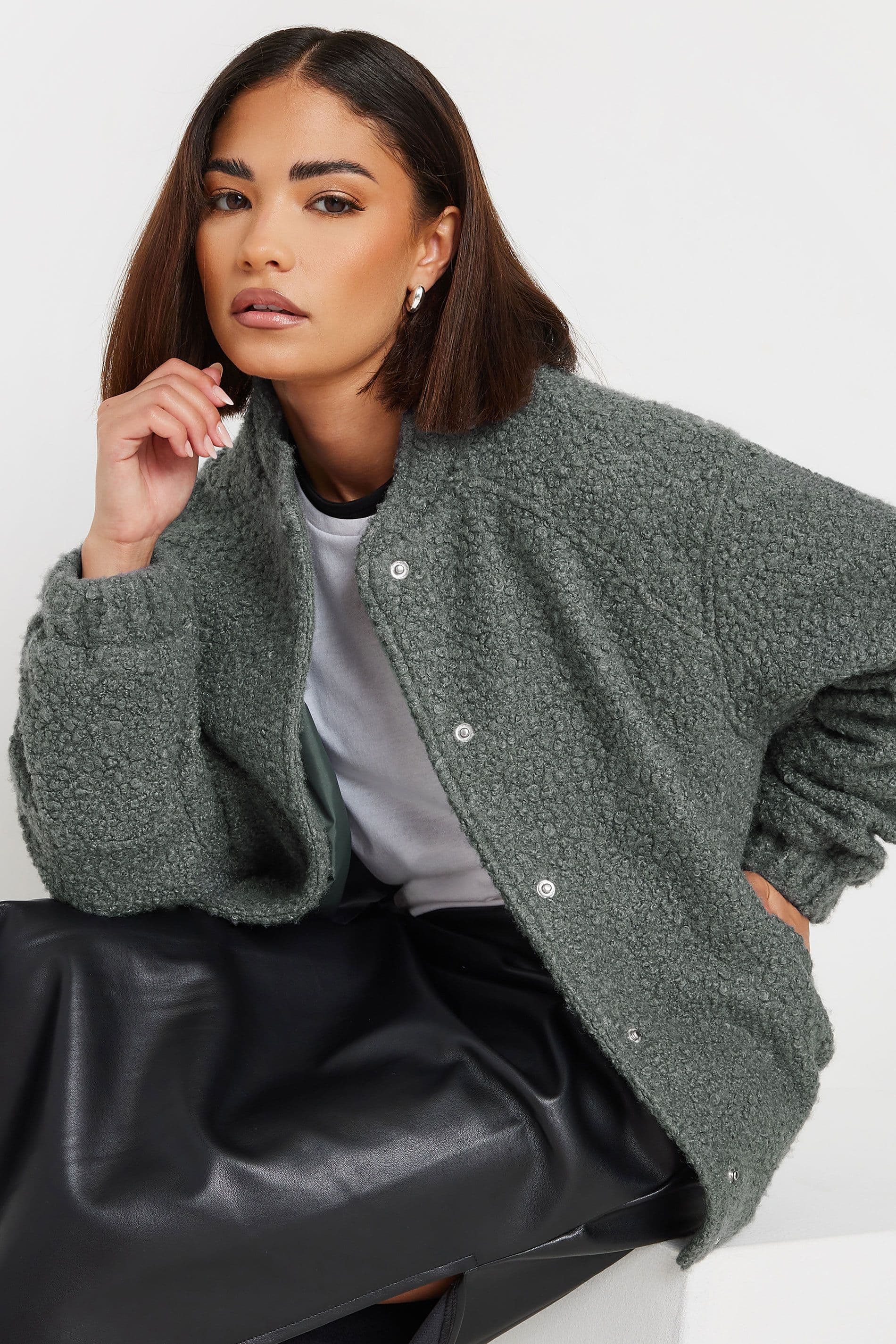 PixieGirl Women's Petite Boucle Bomber Jacket in Grey | Size: 14
