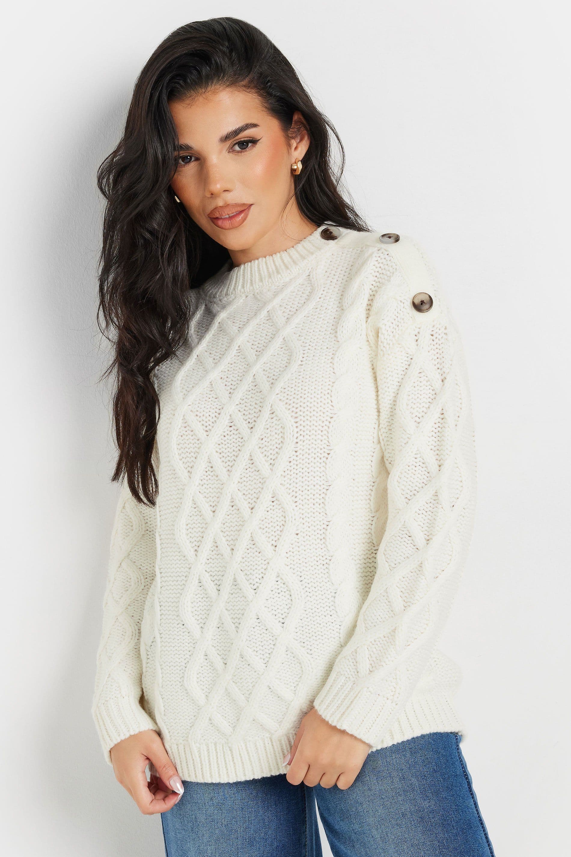 PixieGirl Women's Petite Cable Knit Jumper in Ivory | Size: 12-14