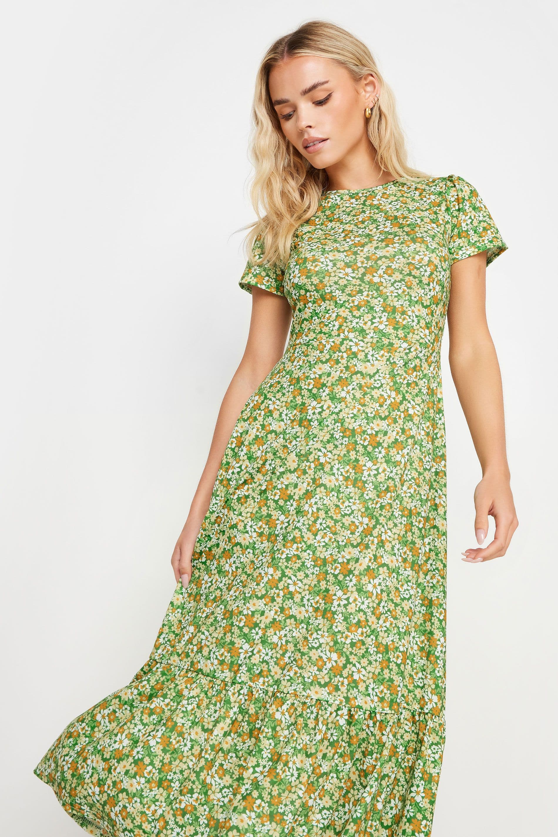 Petite Ditsy Floral Print Tiered Midi Dress