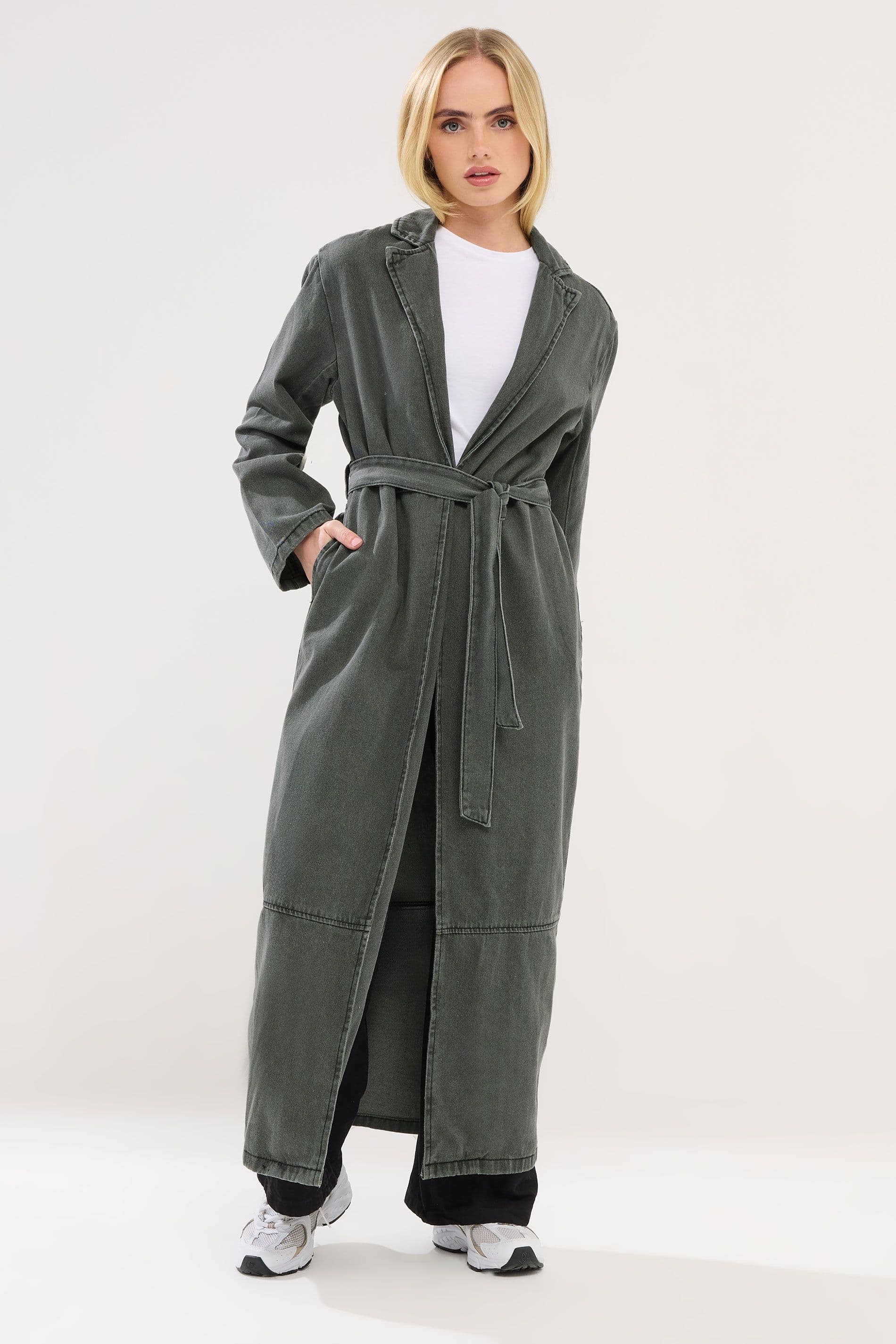 PixieGirl Women's Petite Longline Trench Coat in Dark Grey | Size: 14