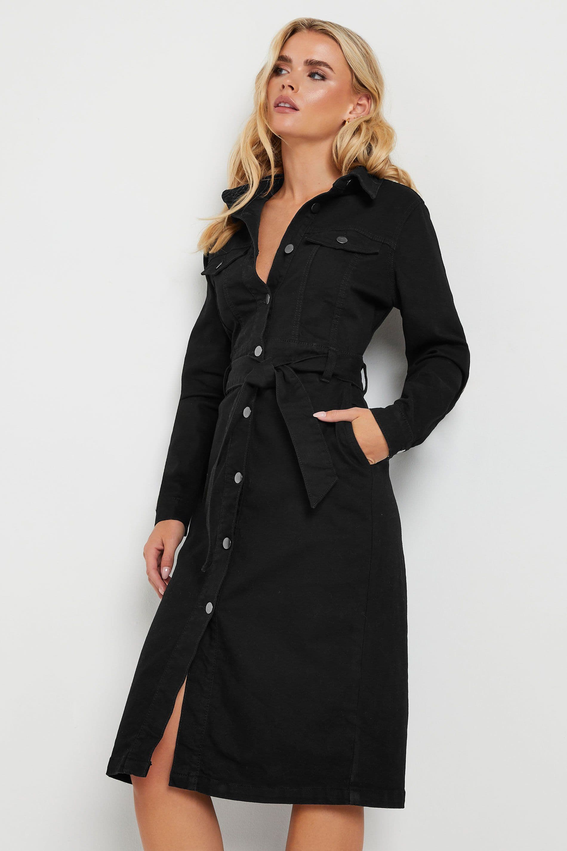 PixieGirl Women's Petite Denim Tie Dress in Black | Size: 8
