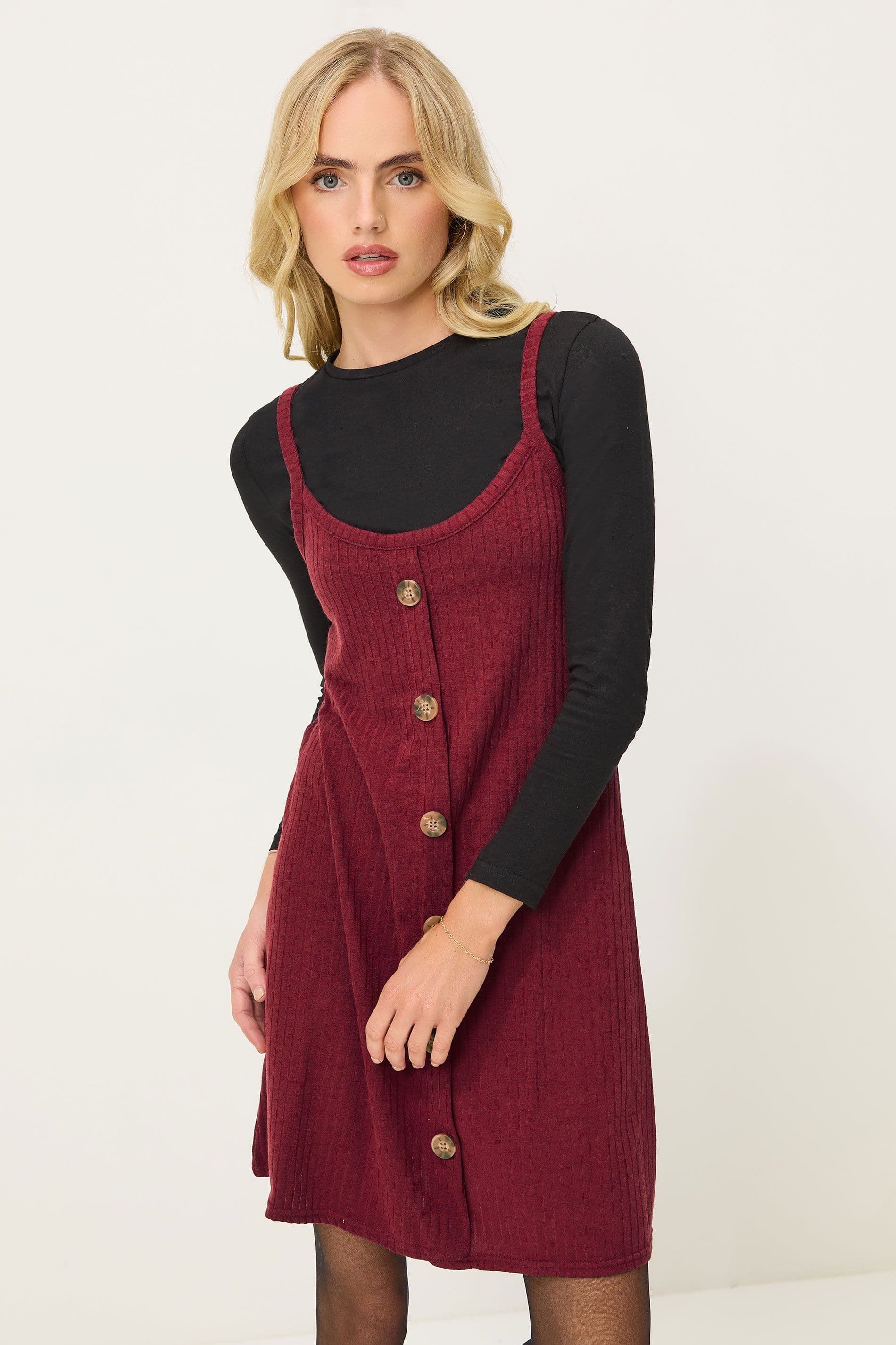 PixieGirl Women's Petite Ribbed Button Mini Dress in Red | Size: 12