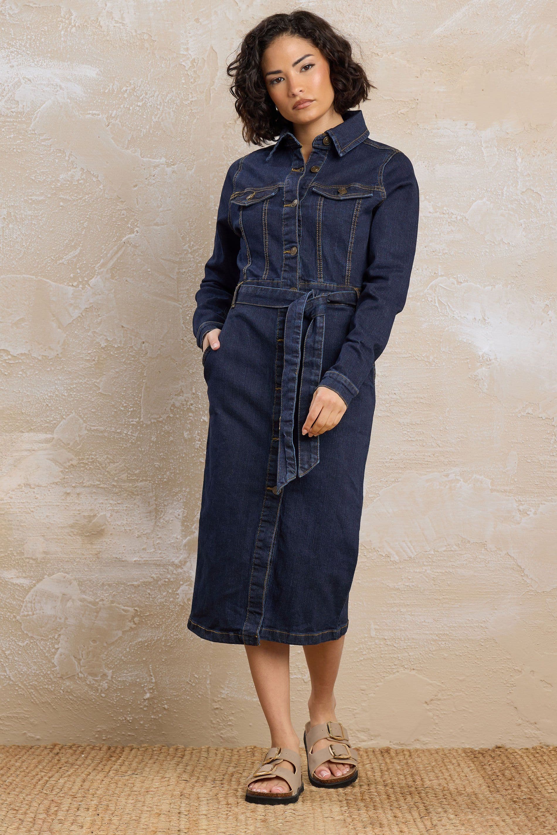 PixieGirl Women's Petite Denim Tie Dress in Dark Navy | Size: 10