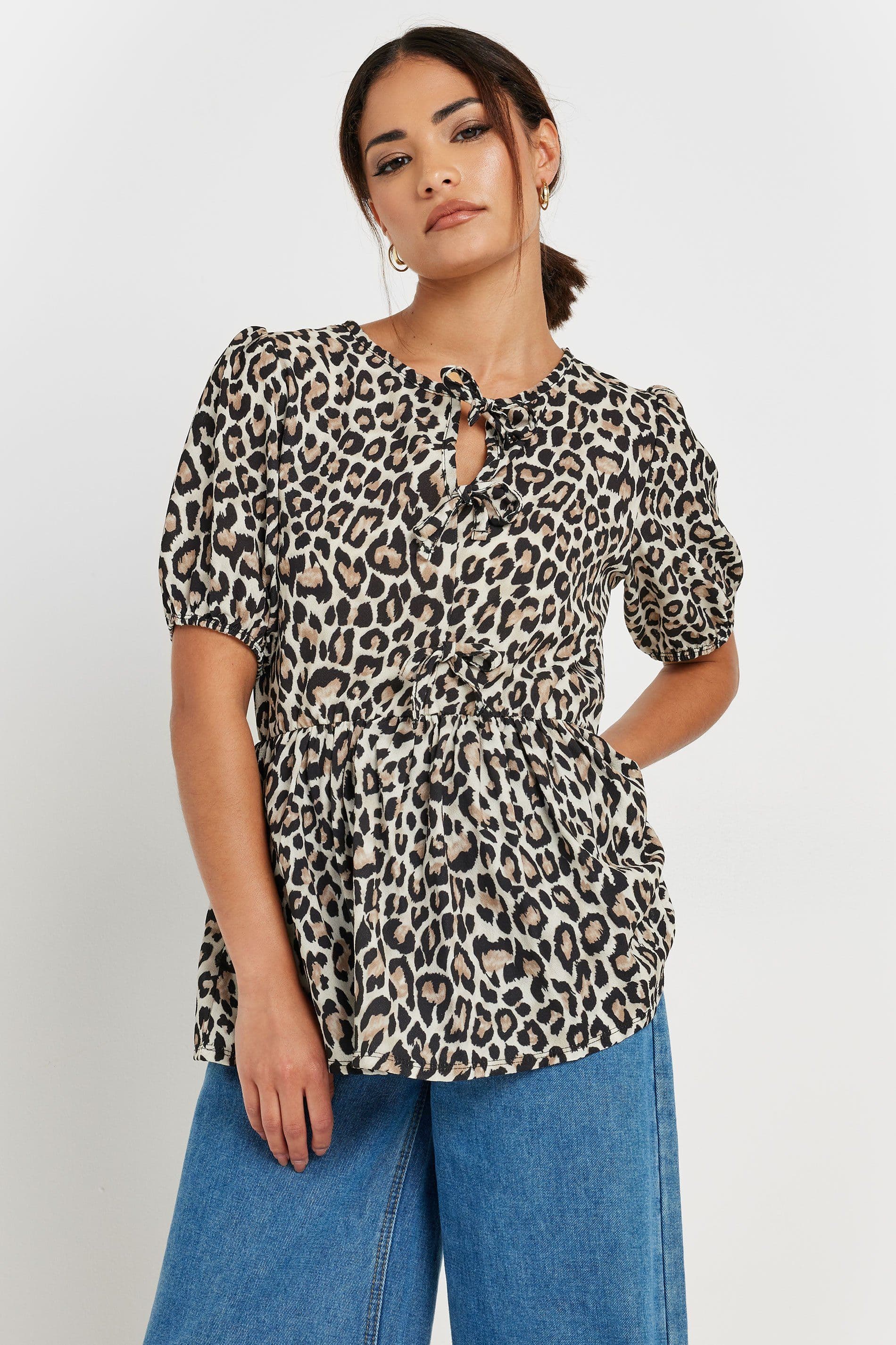 PixieGirl Women's Petite Leopard Print Smock Top in Black | Size: 8