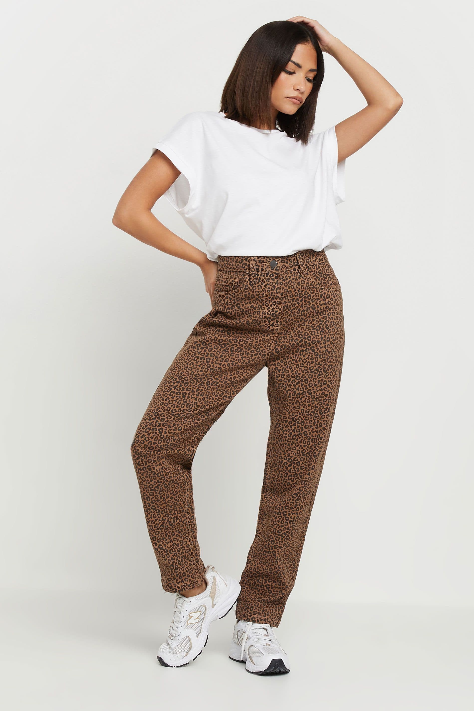 PixieGirl Women's Petite Leopard Print Mom Jeans in Brown | Size: 10