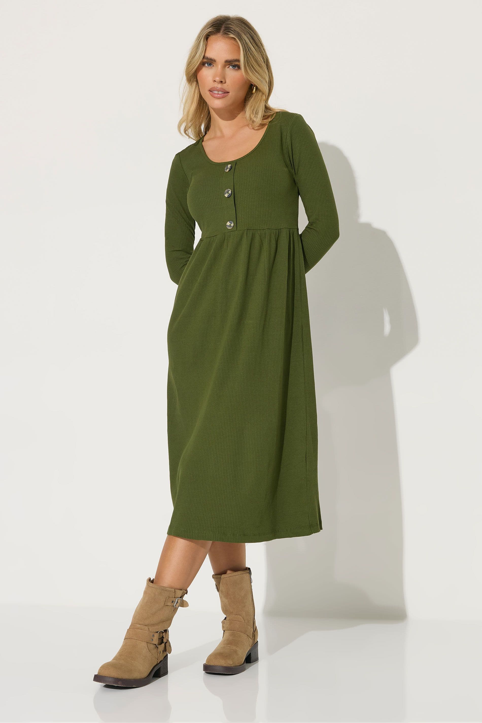 PixieGirl Women's Petite Ribbed Dress in Light Khaki | Size: 16