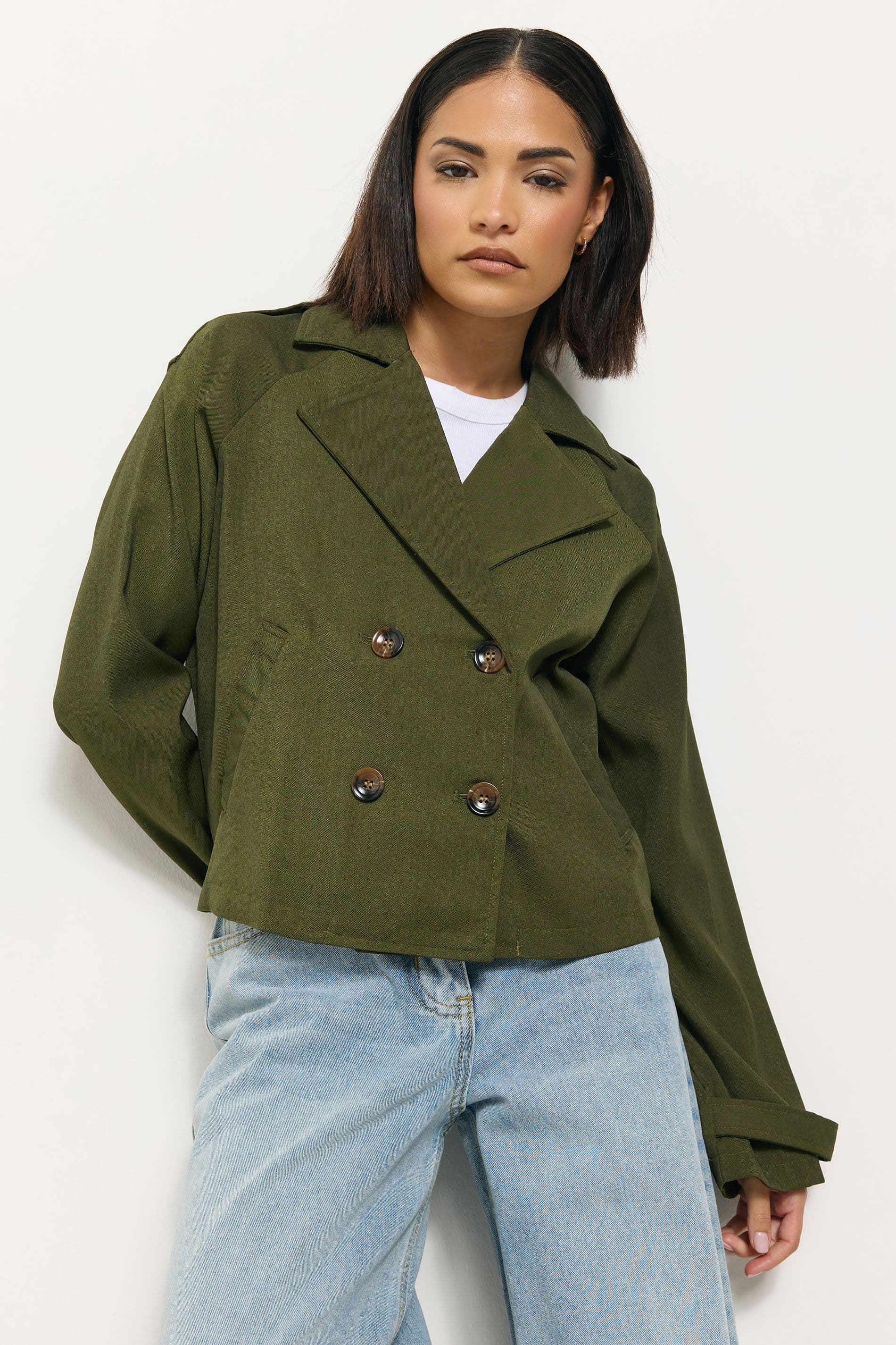 PixieGirl Women's Petite Cropped Trench Coat in Green | Size: 12