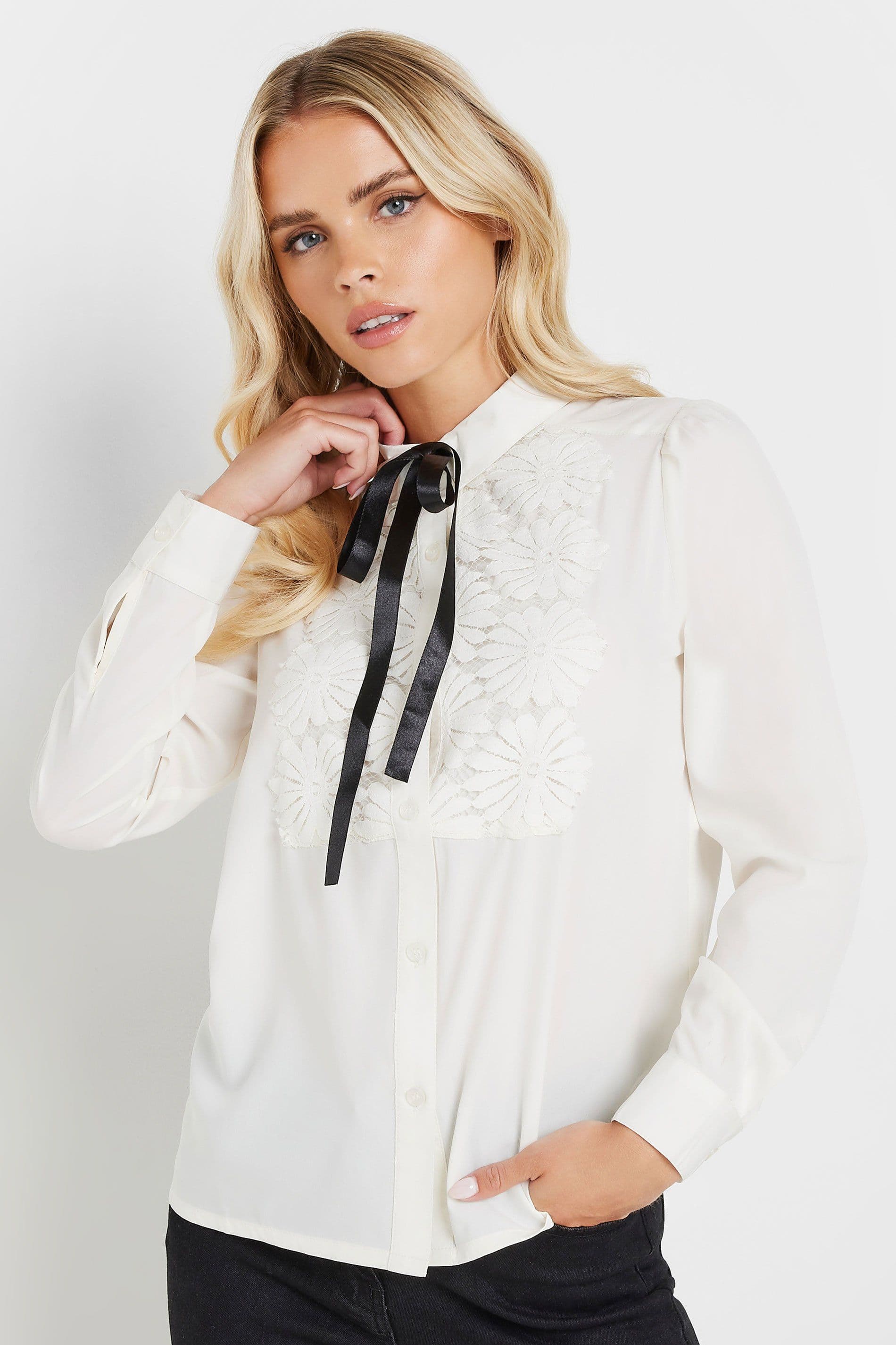 PixieGirl Women's Petite Tie Neck Shirt in White | Size: 10