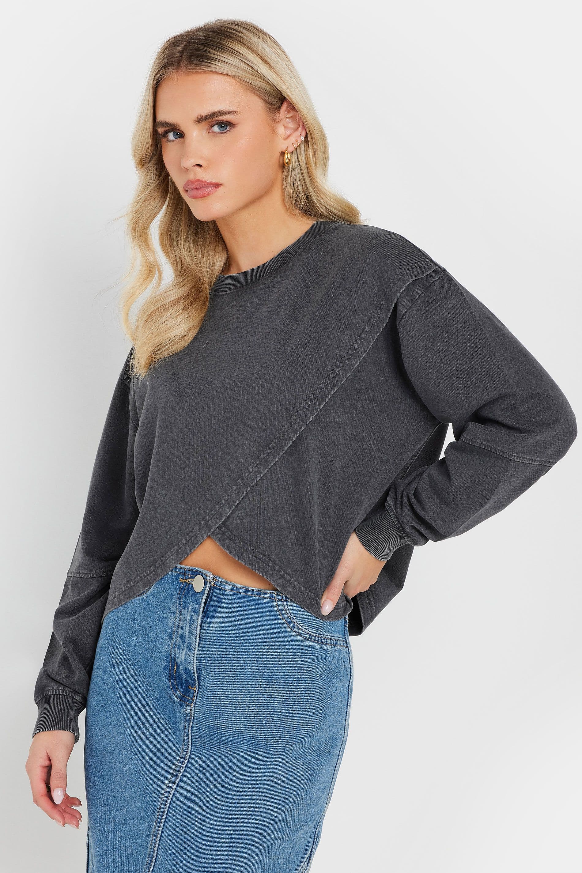 PixieGirl Women's Petite Acid Wash Cross Over Sweatshirt in Grey | Size: 16