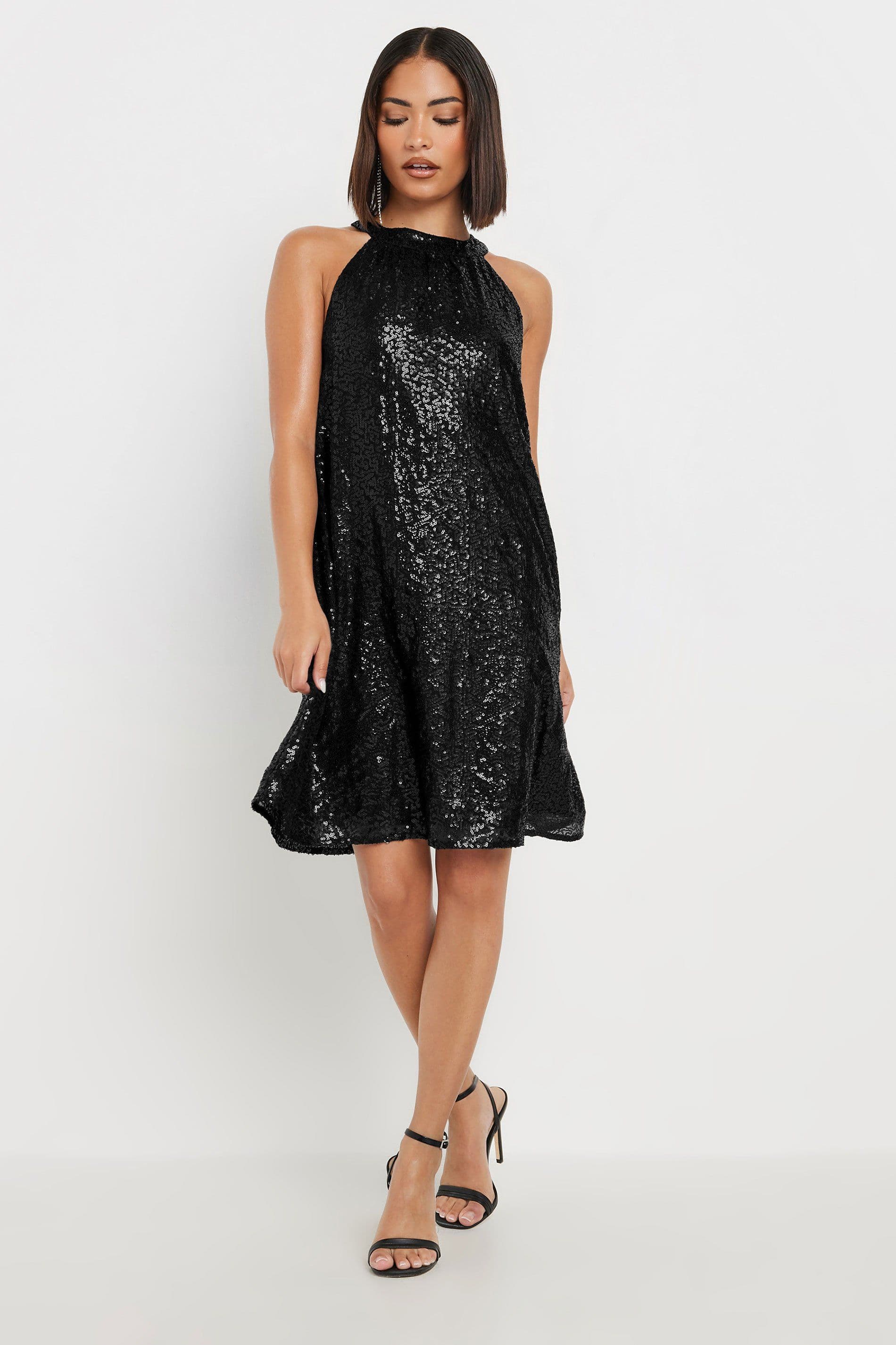 PixieGirl Women's Petite Sequin Halter Neck Dress in Black | Size: 12