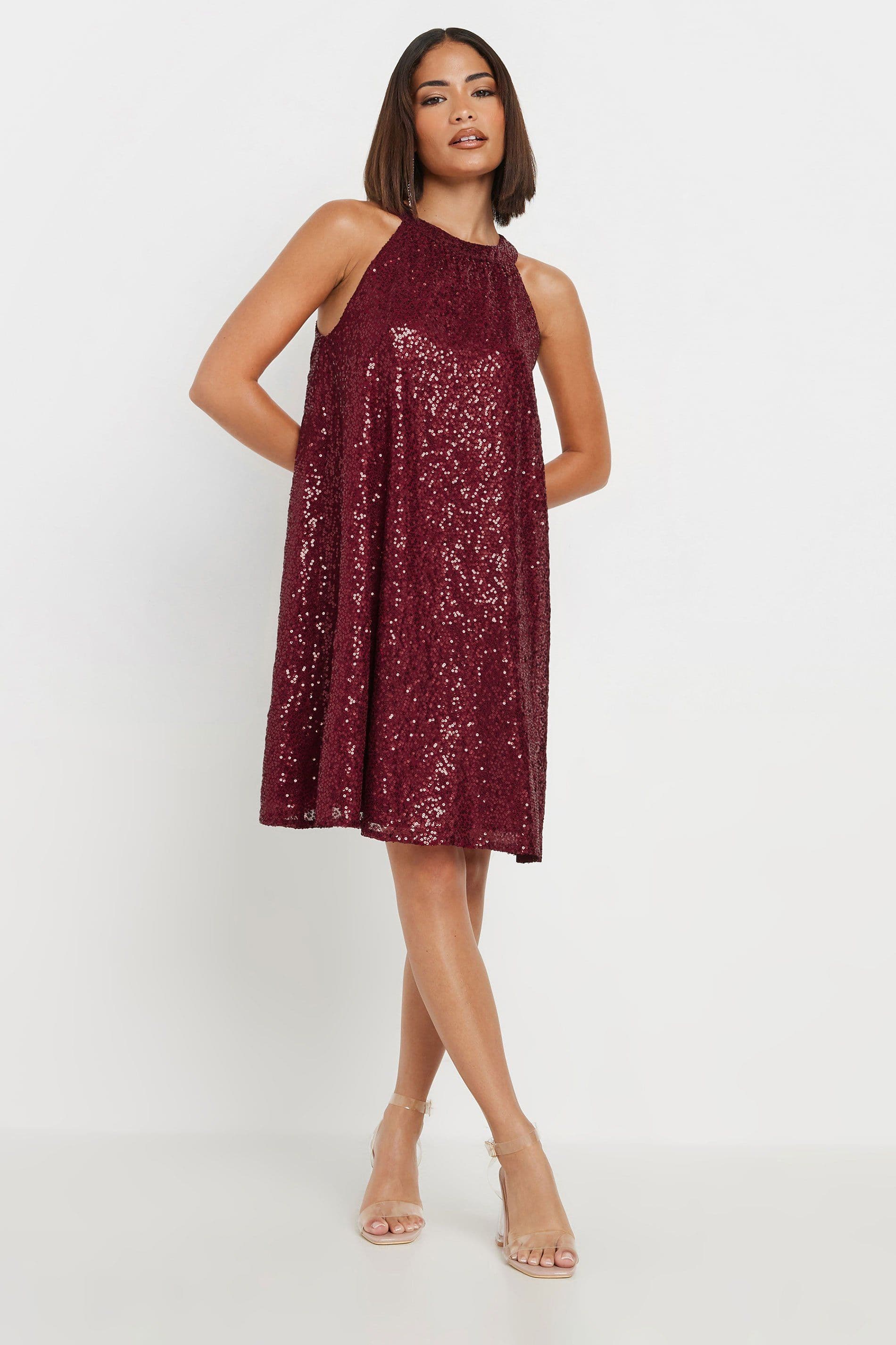 PixieGirl Women's Petite Sequin Halter Neck Dress in Red | Size: 10