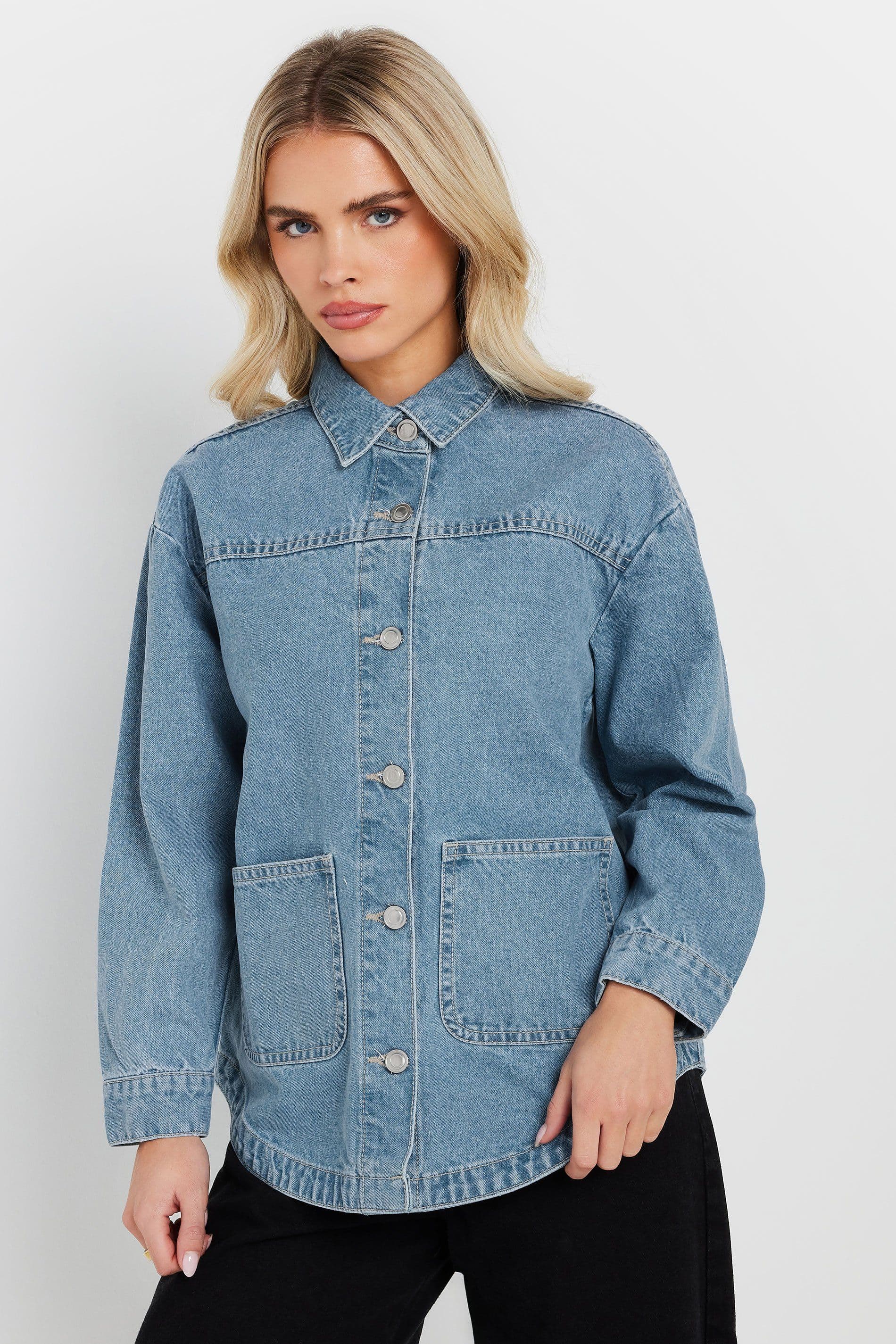 PixieGirl Women's Petite Denim Shacket in Light Blue | Size: 10