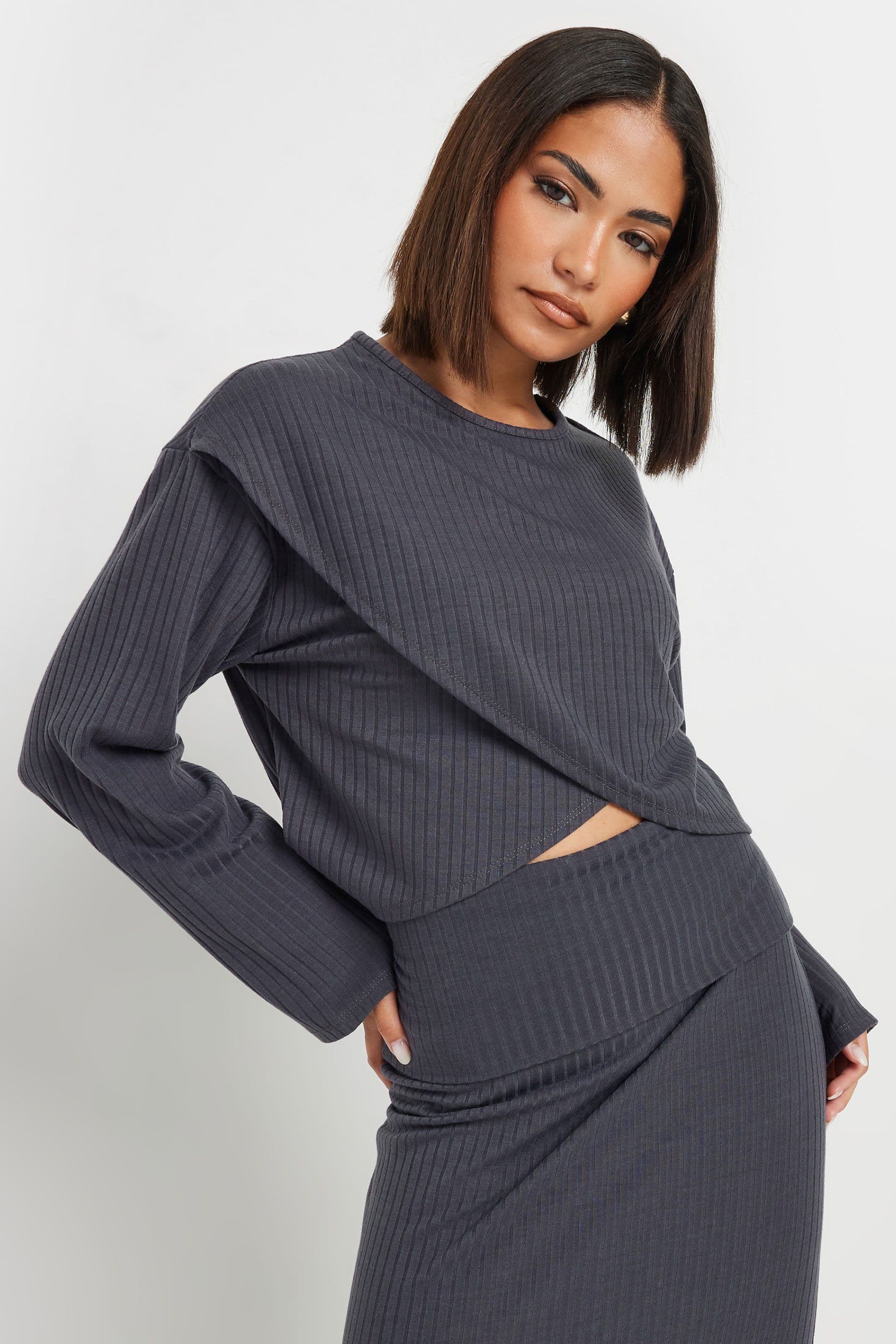 PixieGirl Women's Petite Ribbed Top in Grey | Size: 16