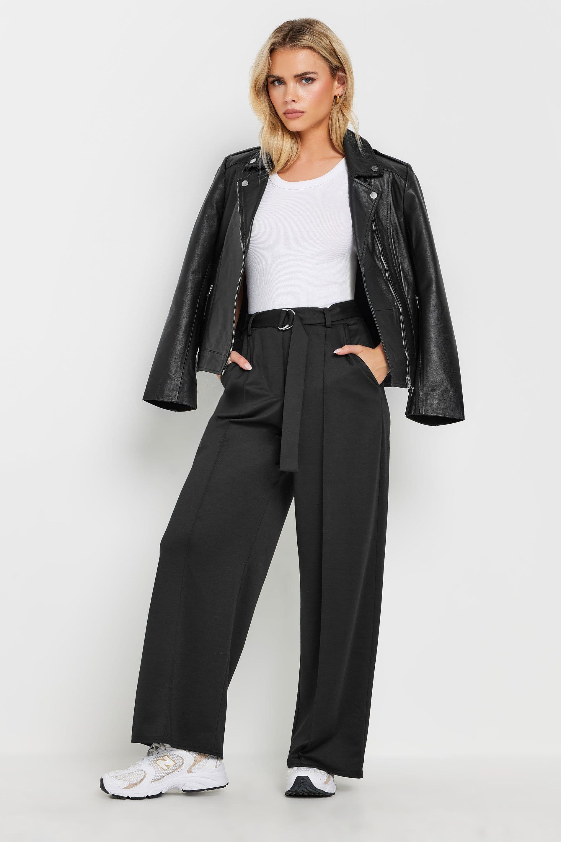 PixieGirl Women's Petite Buckle Wide Leg Trousers in Black | Size: 8