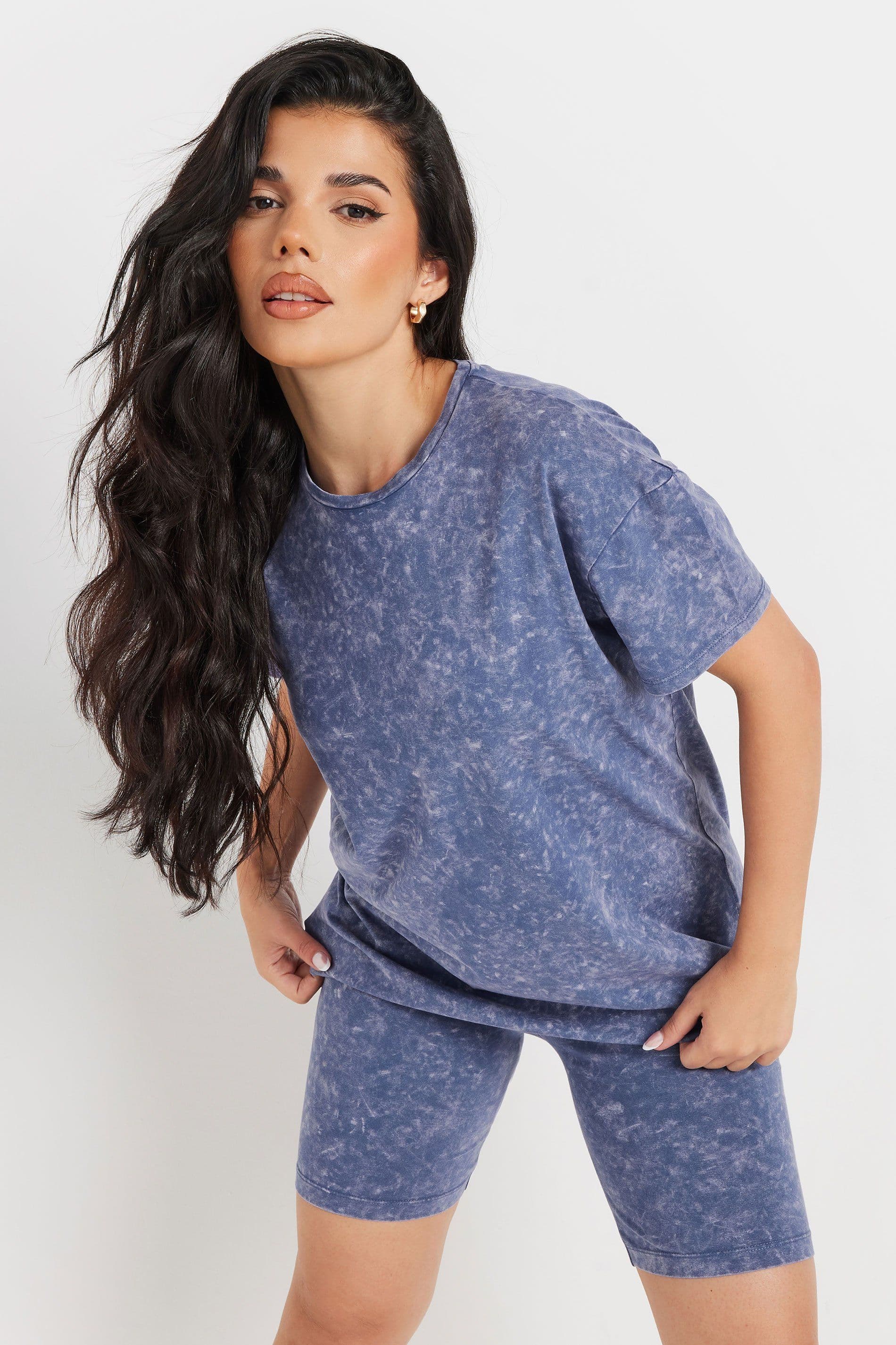 PixieGirl Women's Petite Acid Wash T-Shirt & Cycling Short Co-Ord in Blue | Size: 12
