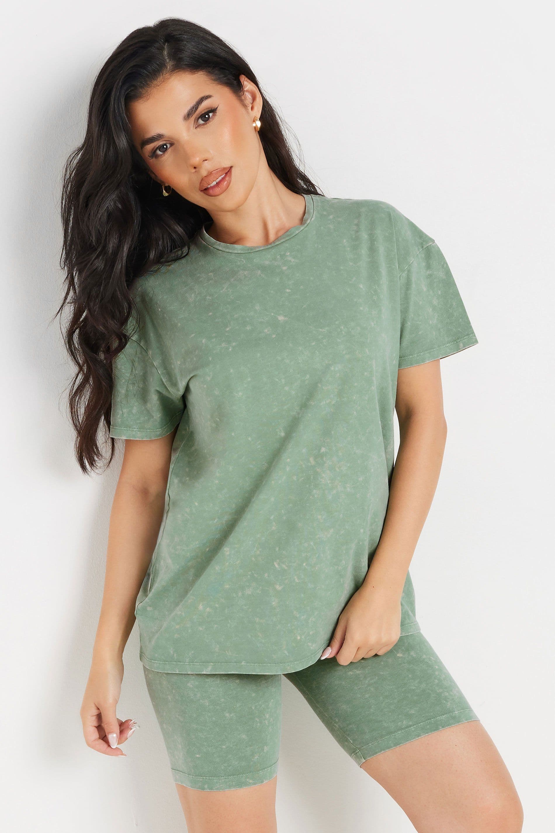 PixieGirl Women's Petite Acid Wash T-Shirt & Cycling Short Co-Ord in Green | Size: 10
