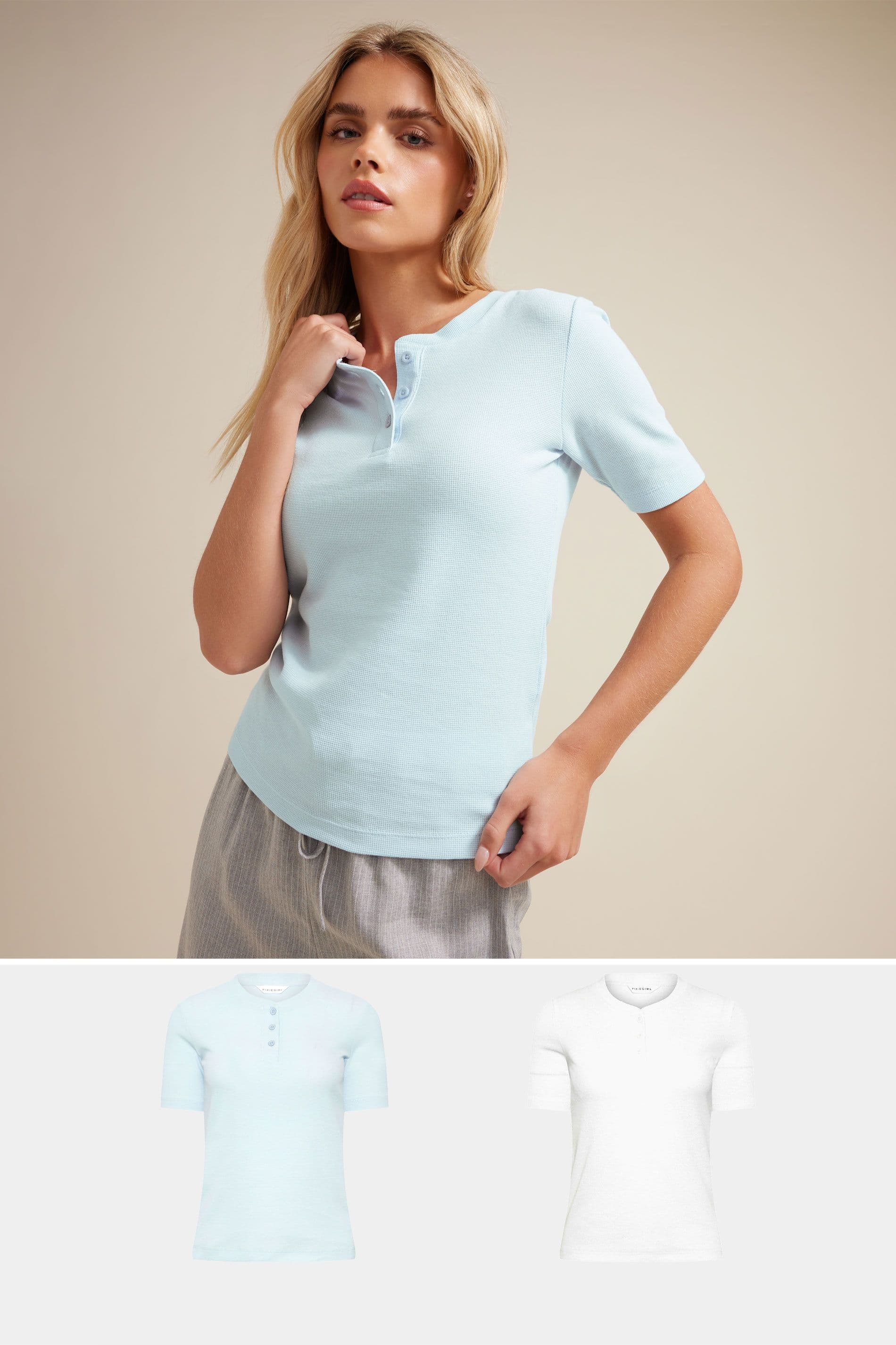PixieGirl Women's Petite 2 Pack Waffle Henley T-Shirts in Blue | Size: 12
