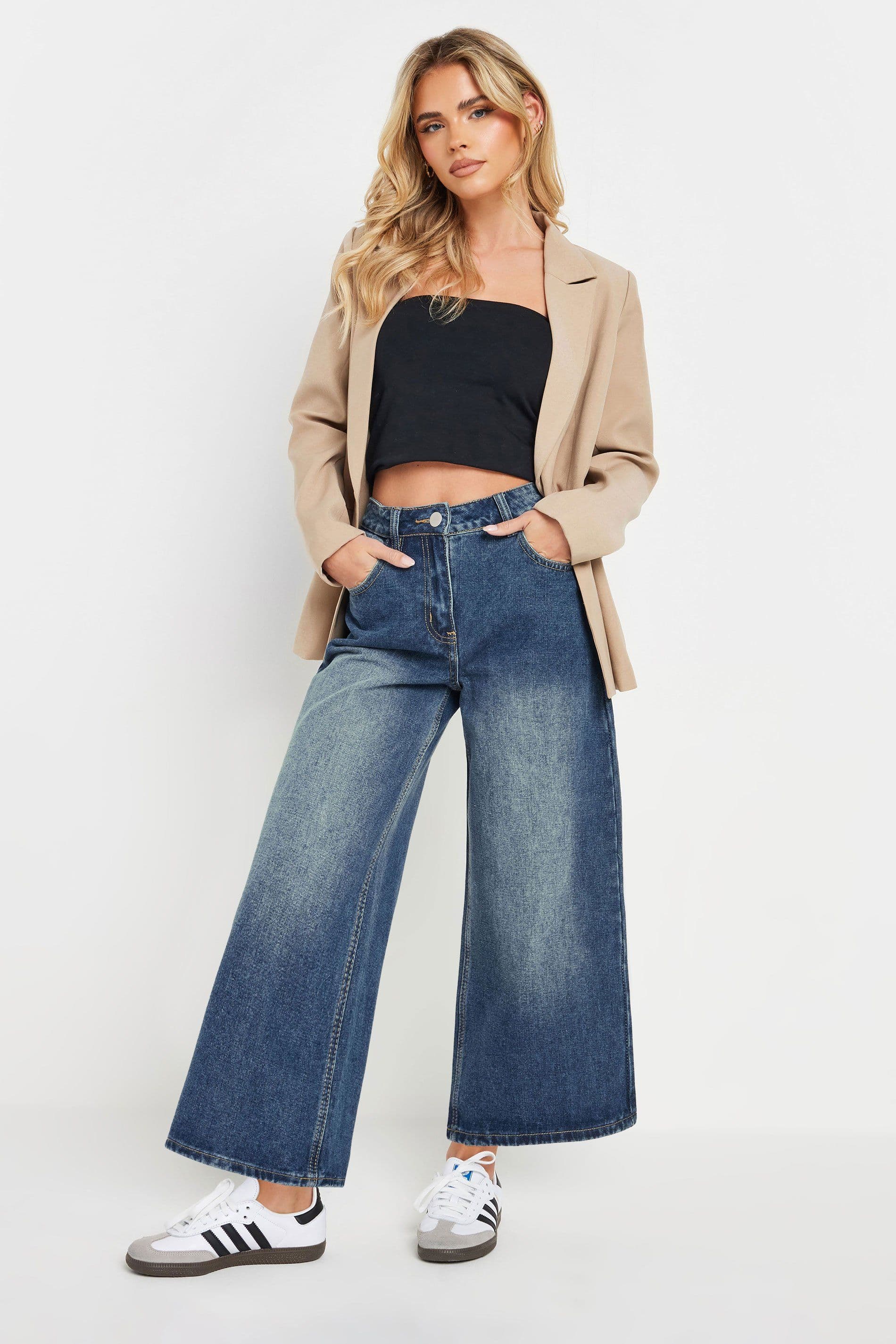 PixieGirl Women's Petite Wide Leg Cropped Jeans in Blue | Size: 16