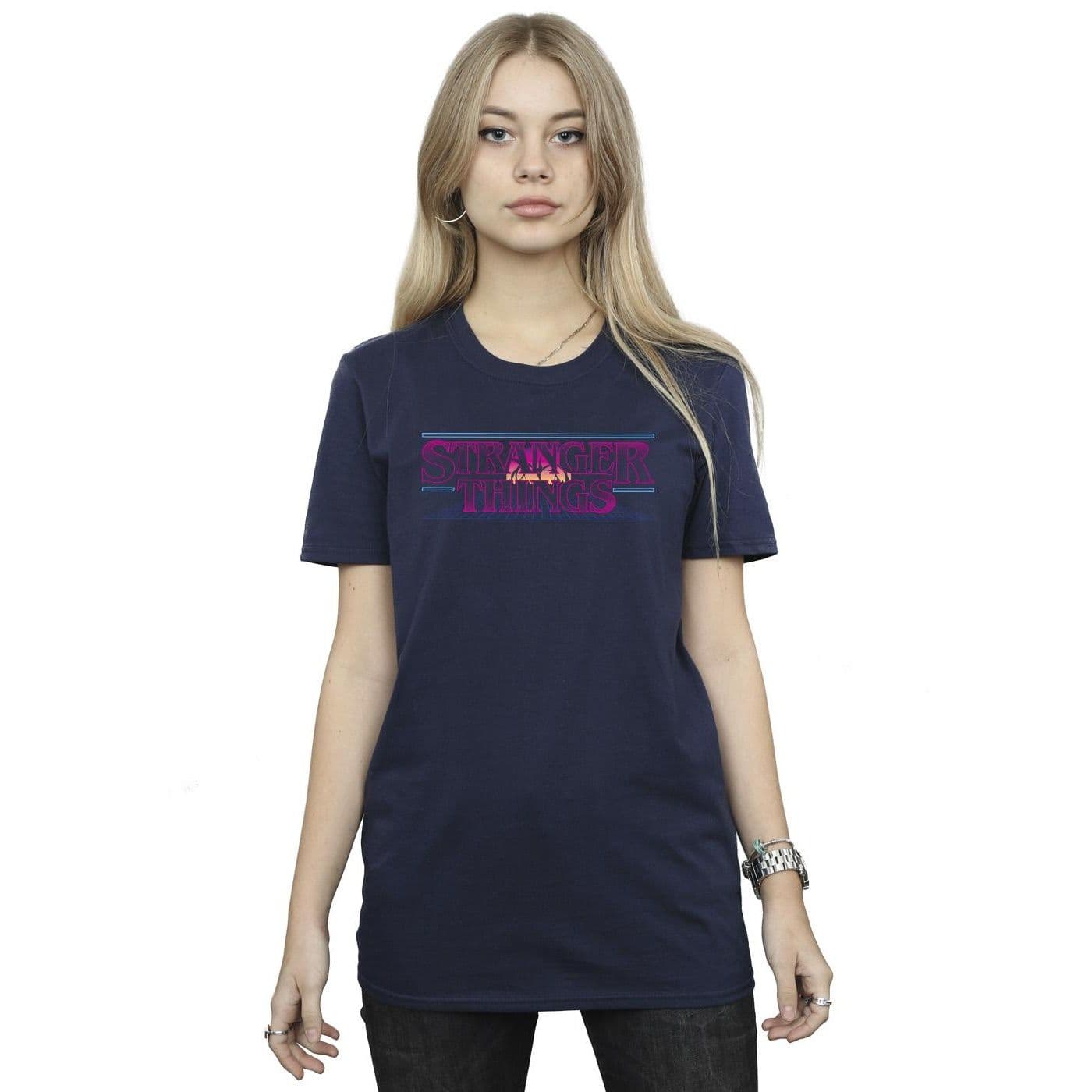 Netflix Women's Stranger Things Retro Title Cotton Boyfriend T-Shirt in Navy | Size: Large