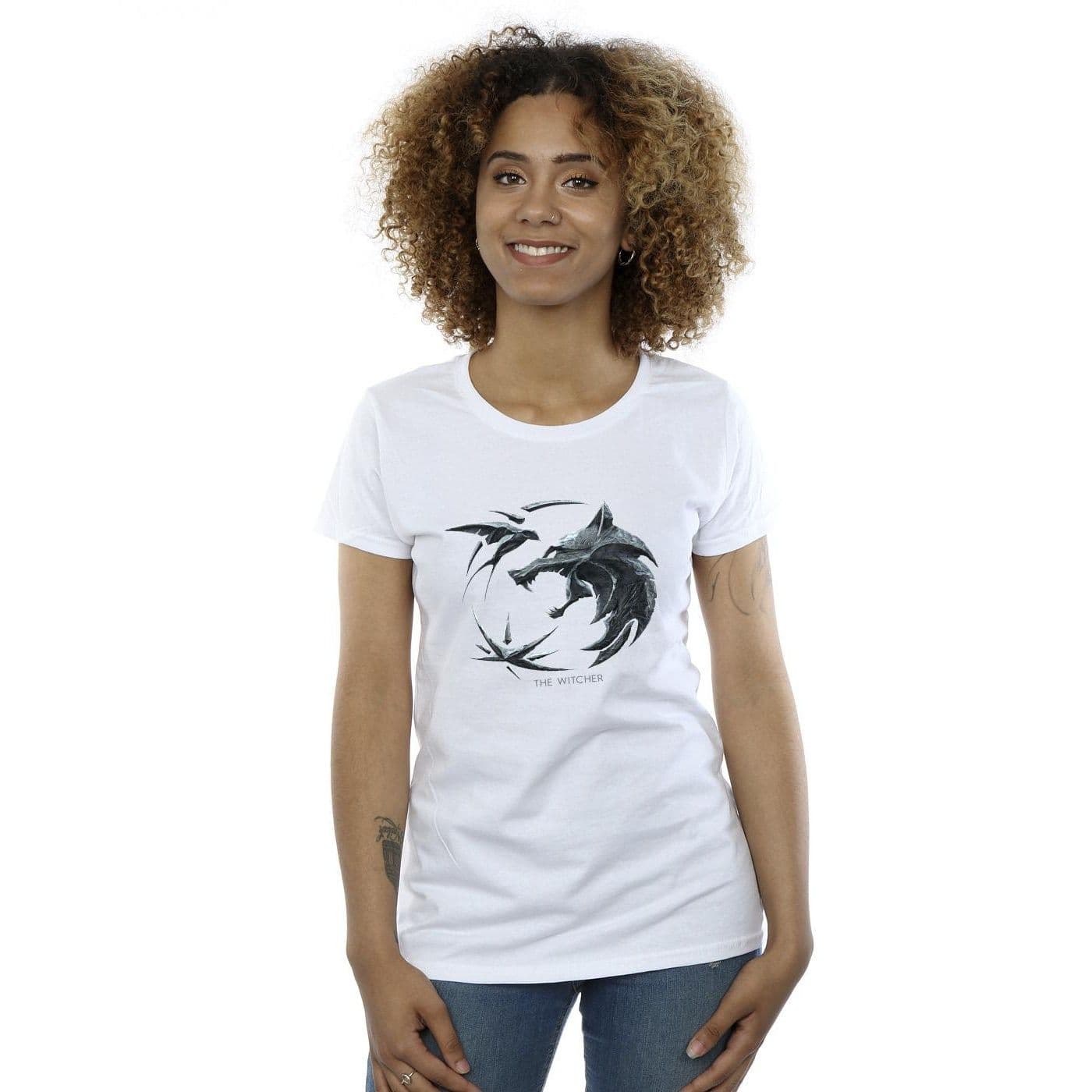 Netflix Women's The Witcher Wolf Logo Cotton T-Shirt in White | Size: Small