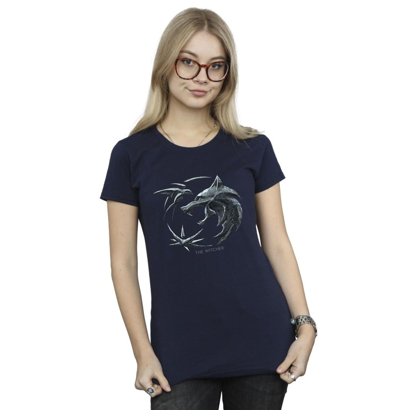 Netflix Women's The Witcher Wolf Logo Cotton T-Shirt in Navy | Size: 2XL