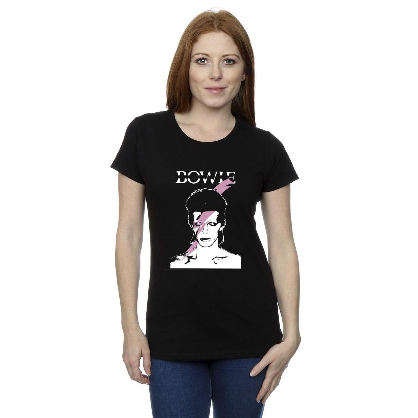 David Bowie Women's Pink Flash Cotton T-Shirt in Black | Size: XL