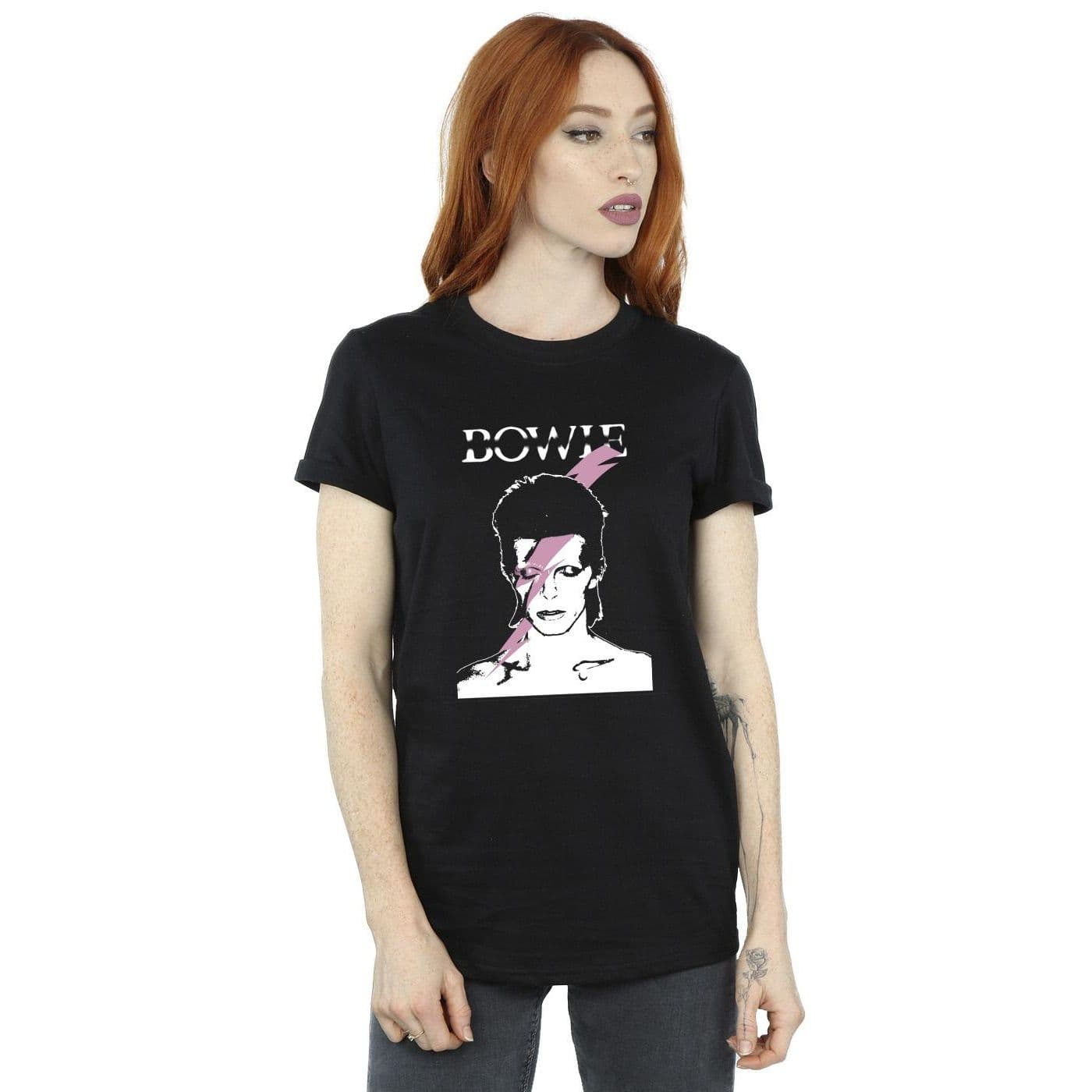 David Bowie Women's Pink Flash Cotton Boyfriend T-Shirt in Black | Size: 5XL