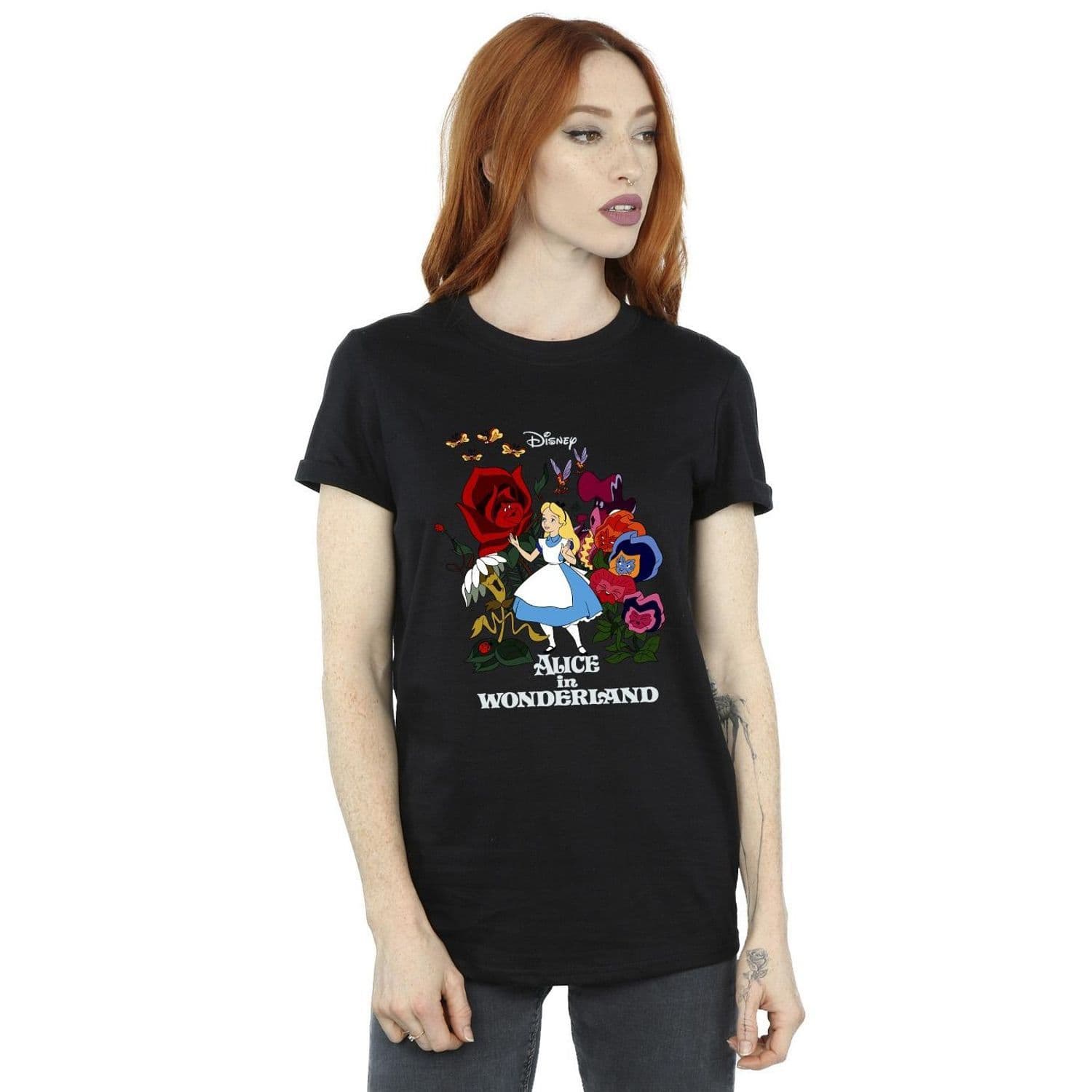 Alice Wonderland Flowers Cotton Boyfriend T Shirt