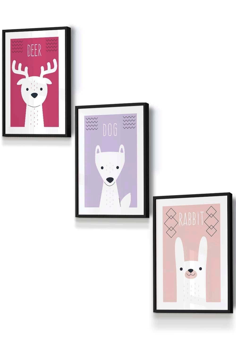Scandi Nursery Forest Animals Pink Lilac Framed Wall Art Small W33 cm x H45 cm x D20mm