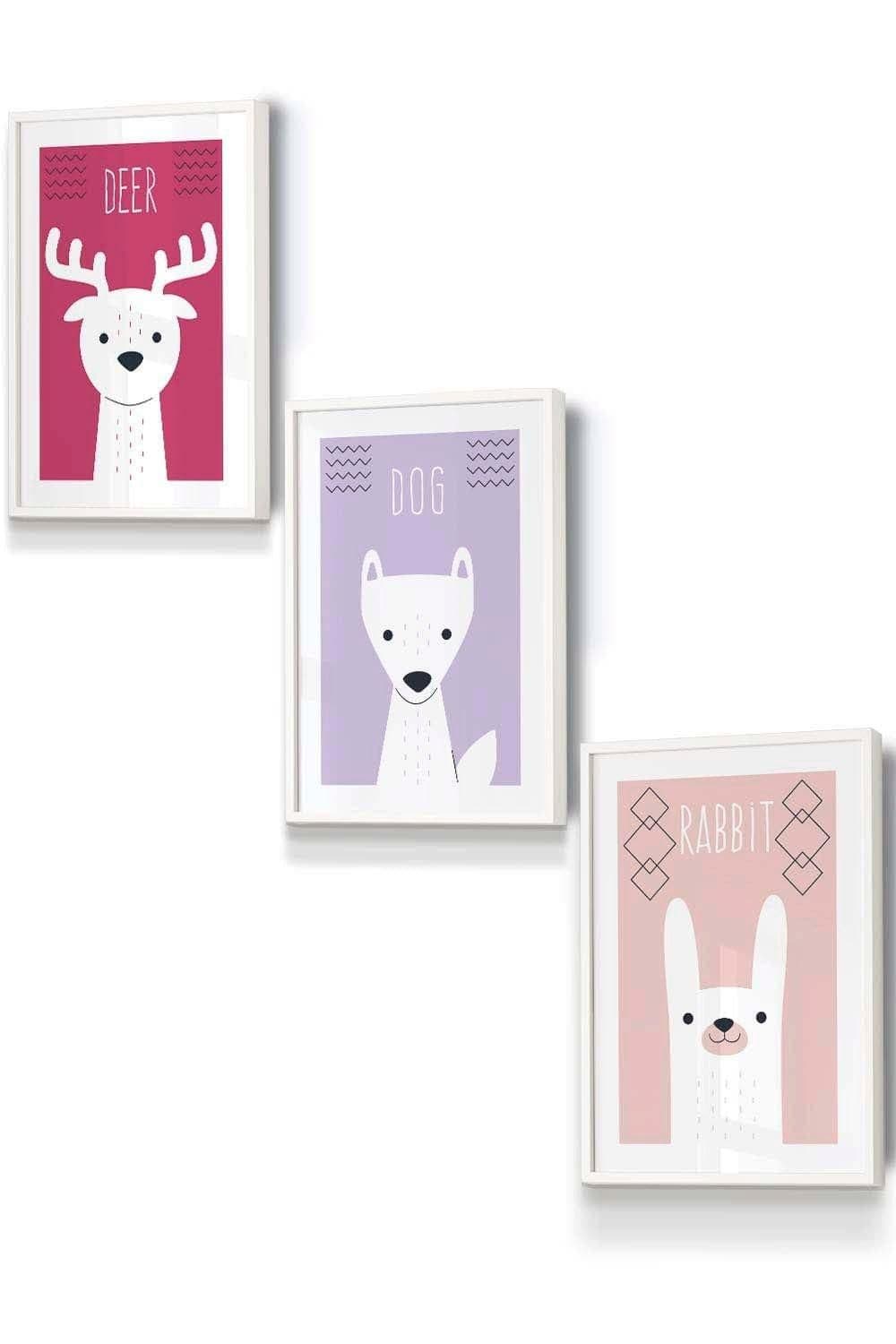 Scandi Nursery Forest Animals Pink Lilac Framed Wall Art Small W33 cm x H45 cm x D20mm