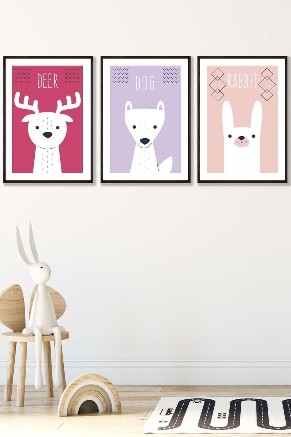 Scandi Nursery Forest Animals Pink Lilac Framed Wall Art Medium W45 cm x H62 cm x D20mm