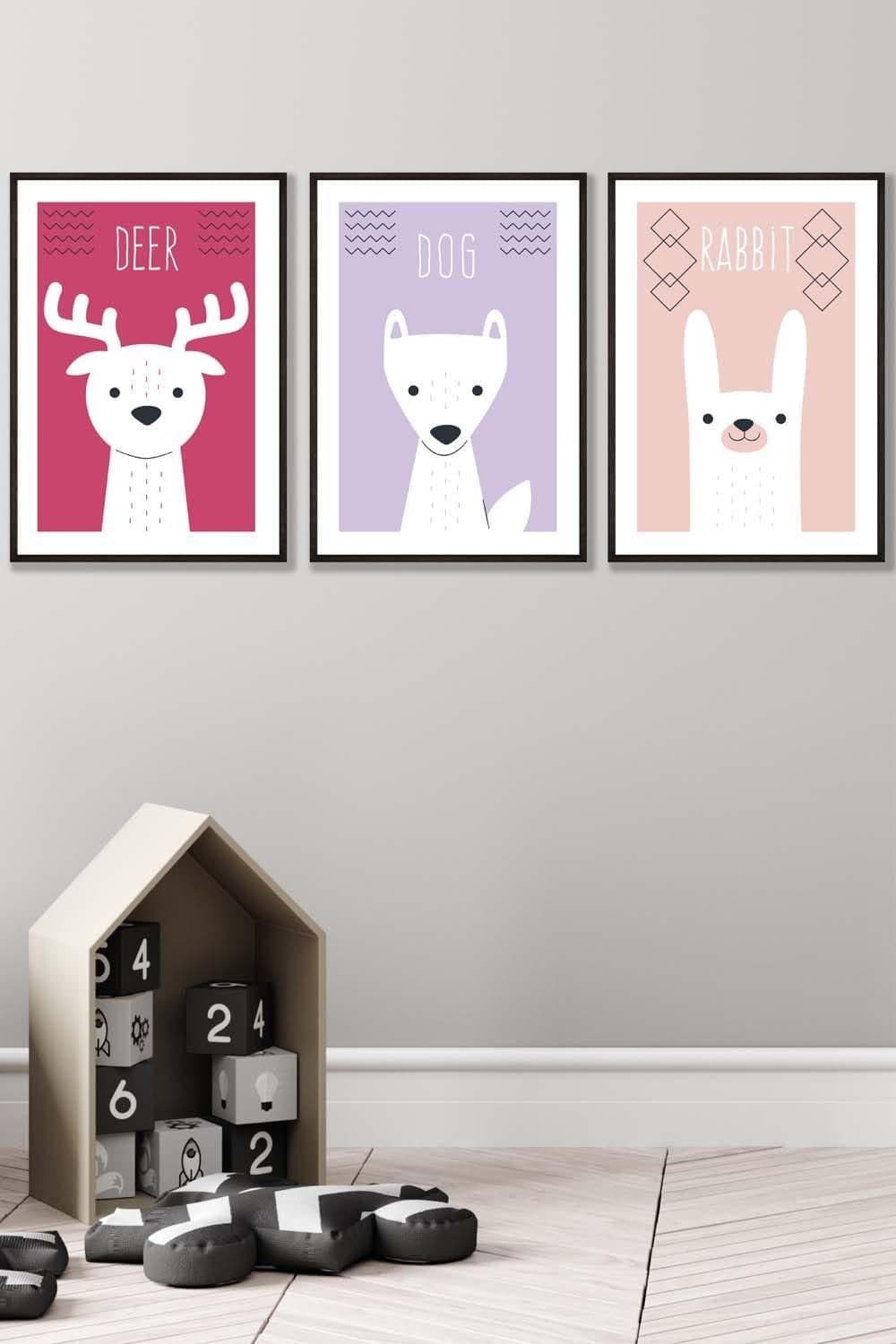 Scandi Nursery Forest Animals Pink Lilac Framed Wall Art Large W53 cm x H73 cm x D20mm
