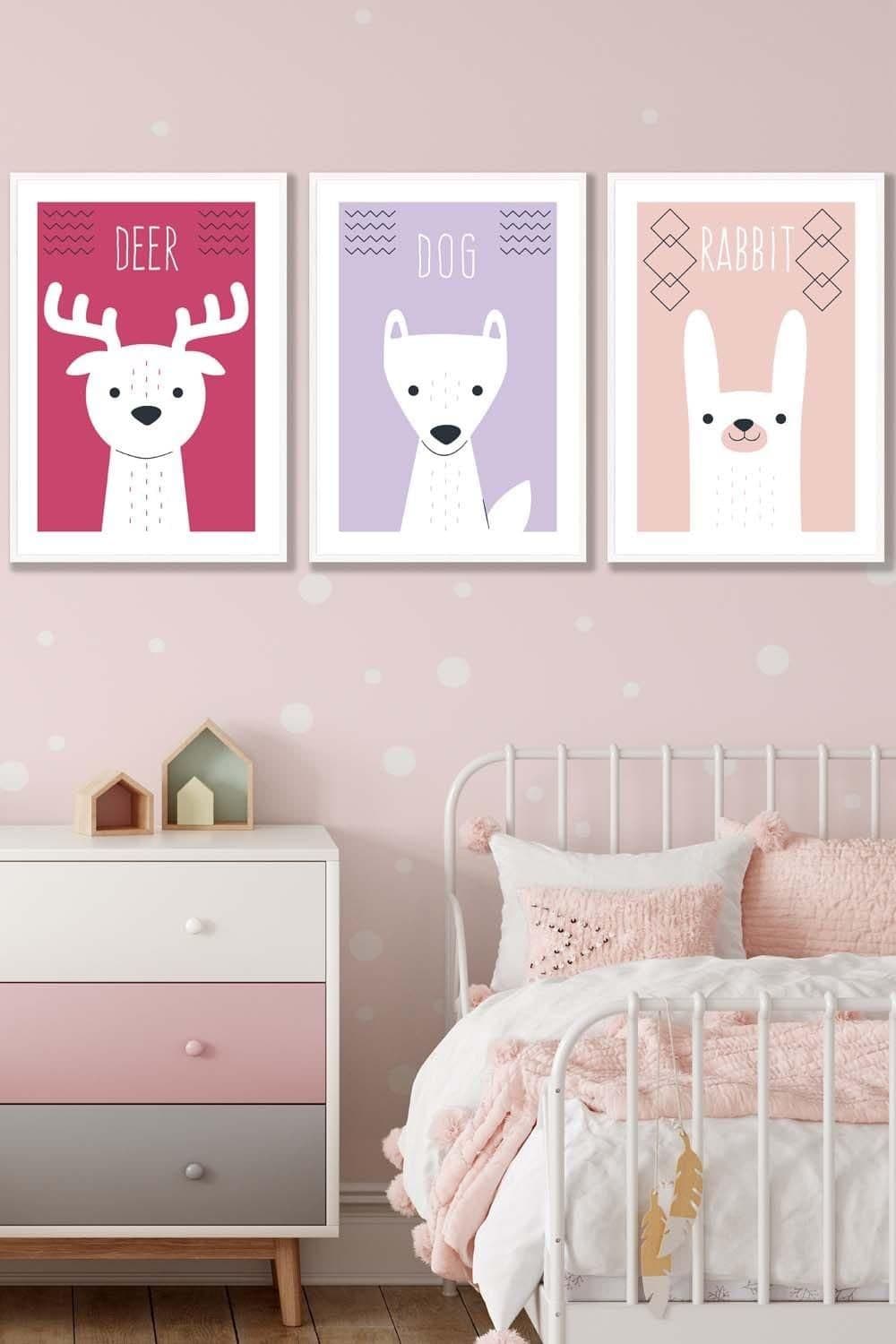 Scandi Nursery Forest Animals Pink Lilac Framed Wall Art Large W53 cm x H73 cm x D20mm
