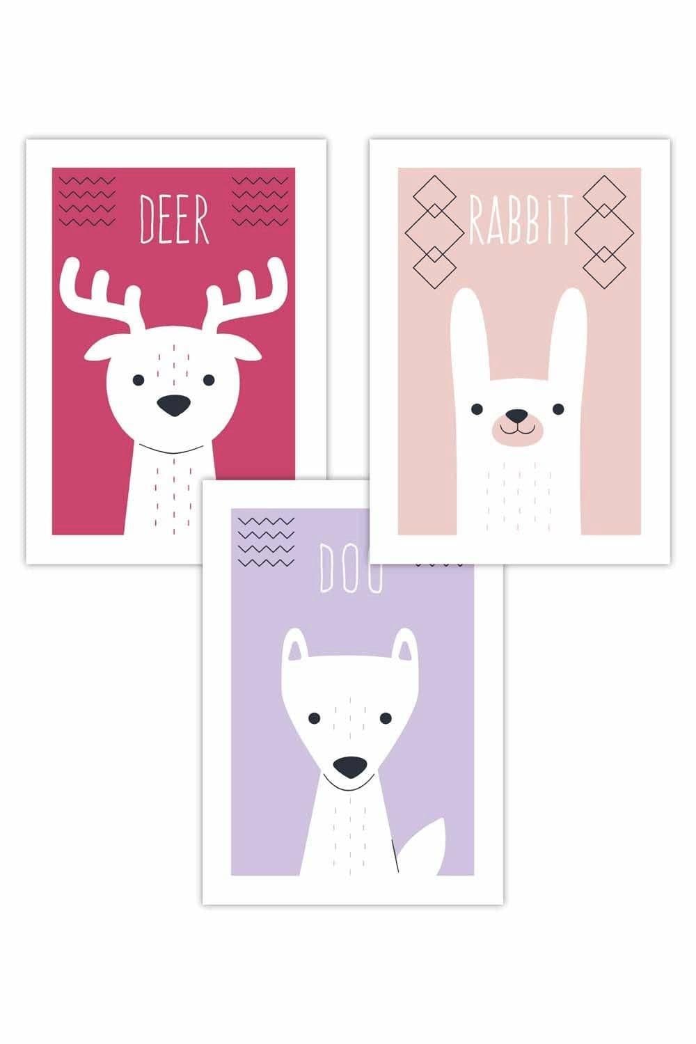 Set 3 Scandi Nursery Forest Animals Lilac Art Posters Pale W42 cm x H59 cm