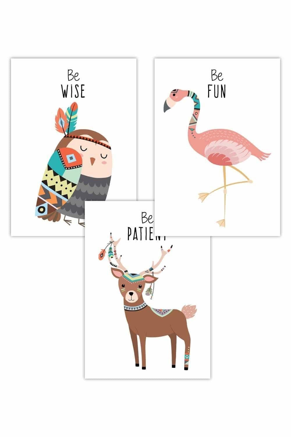Set 3 Nursery Tribal Owl Flamingo Deer Quote Art Posters W50 cm x H70 cm