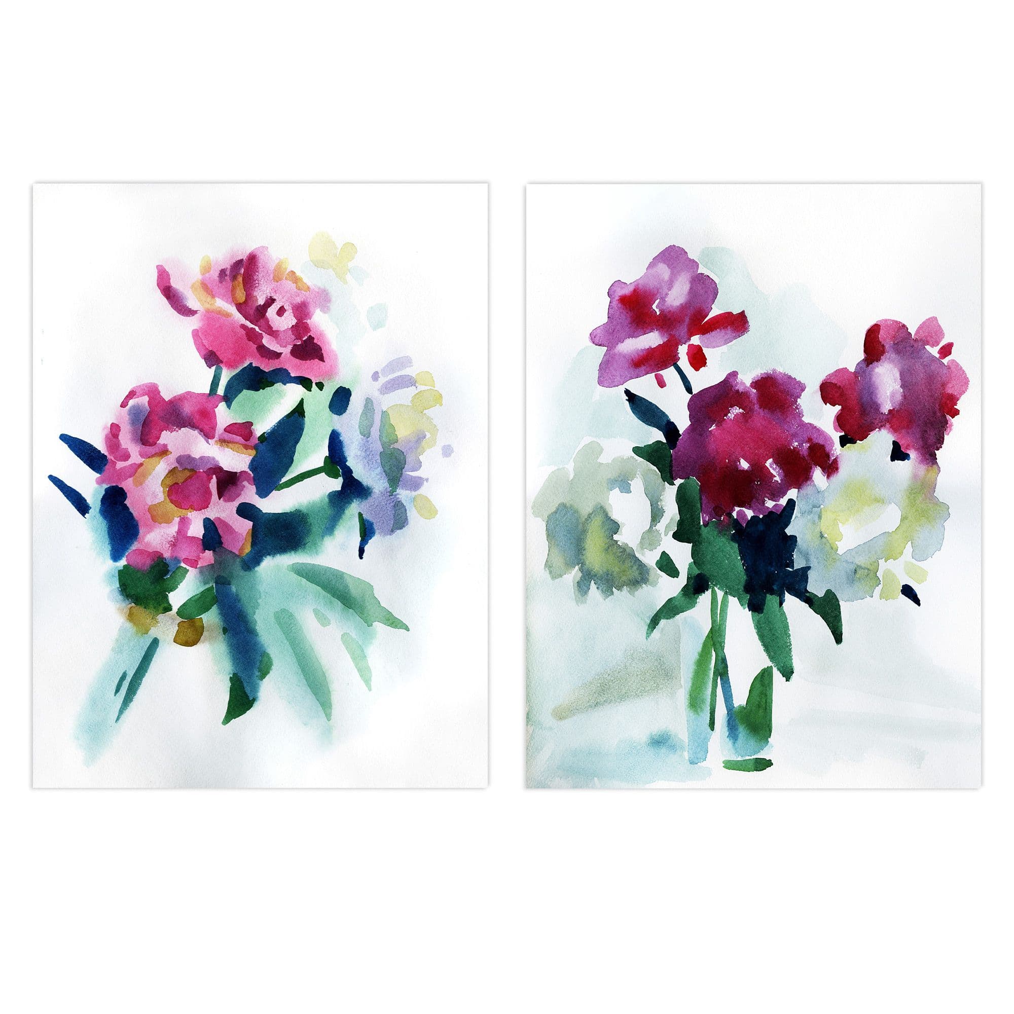 Wall Art Print Pack of 2 A4 Spring Flower Pink and White Bouquet in Glass Vase Floral Watercolour Painting Living Room s Set