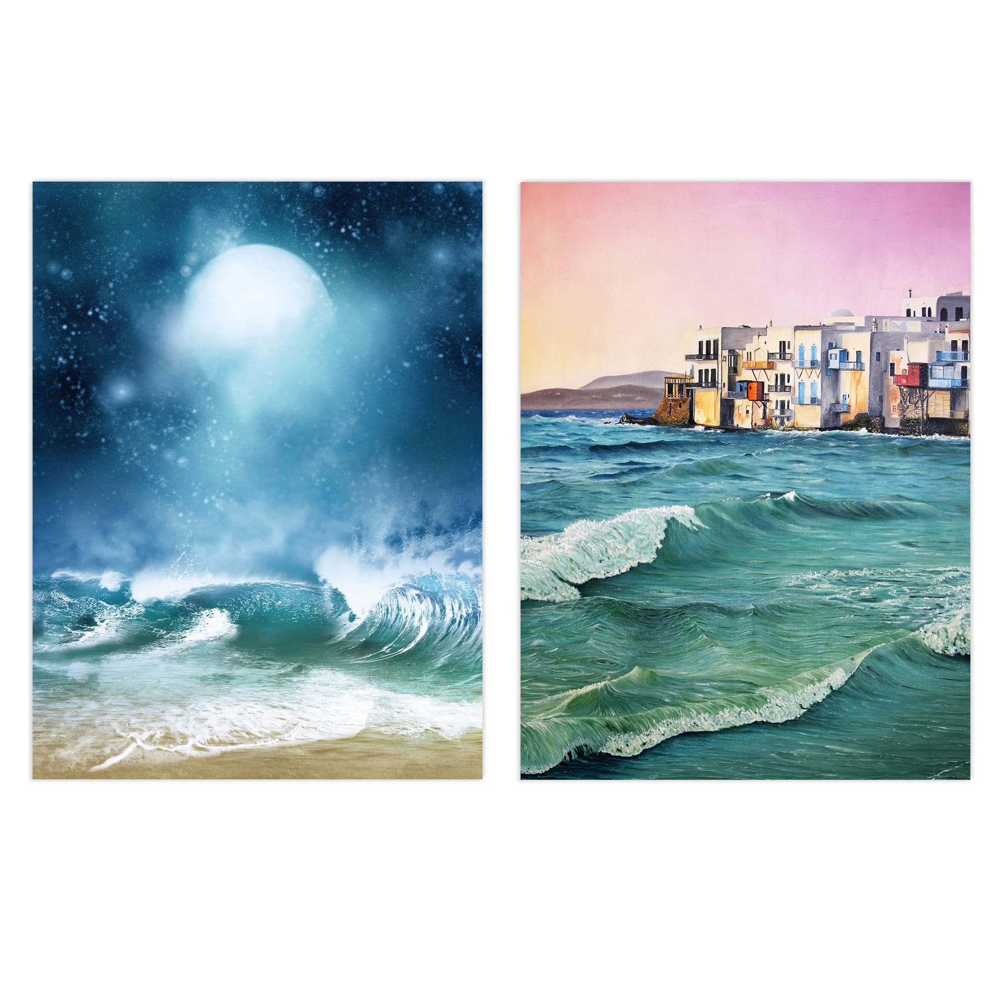 Wall Art Print Pack of 2 A4 Sea Shore Waves Seaside Coastal Town Landscape Oil Painting Living Room s Set