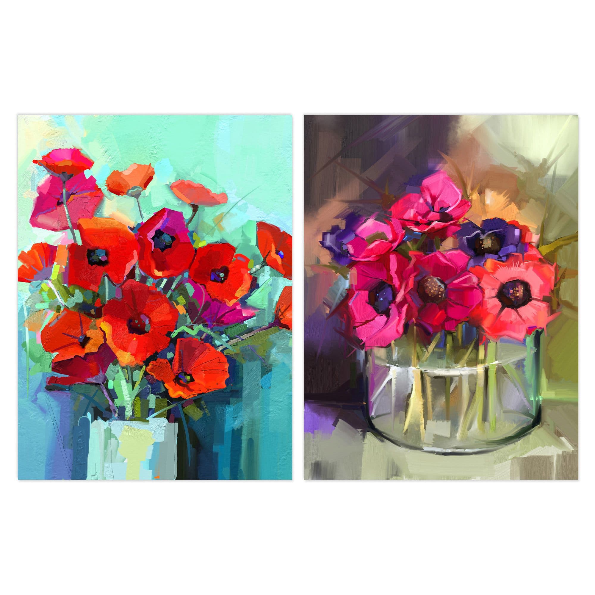 Wall Art Print Pack 2 A4 Purple Poppy Flowers Bouquet Vase Floral Botanical Oil Painting Living Room s Set