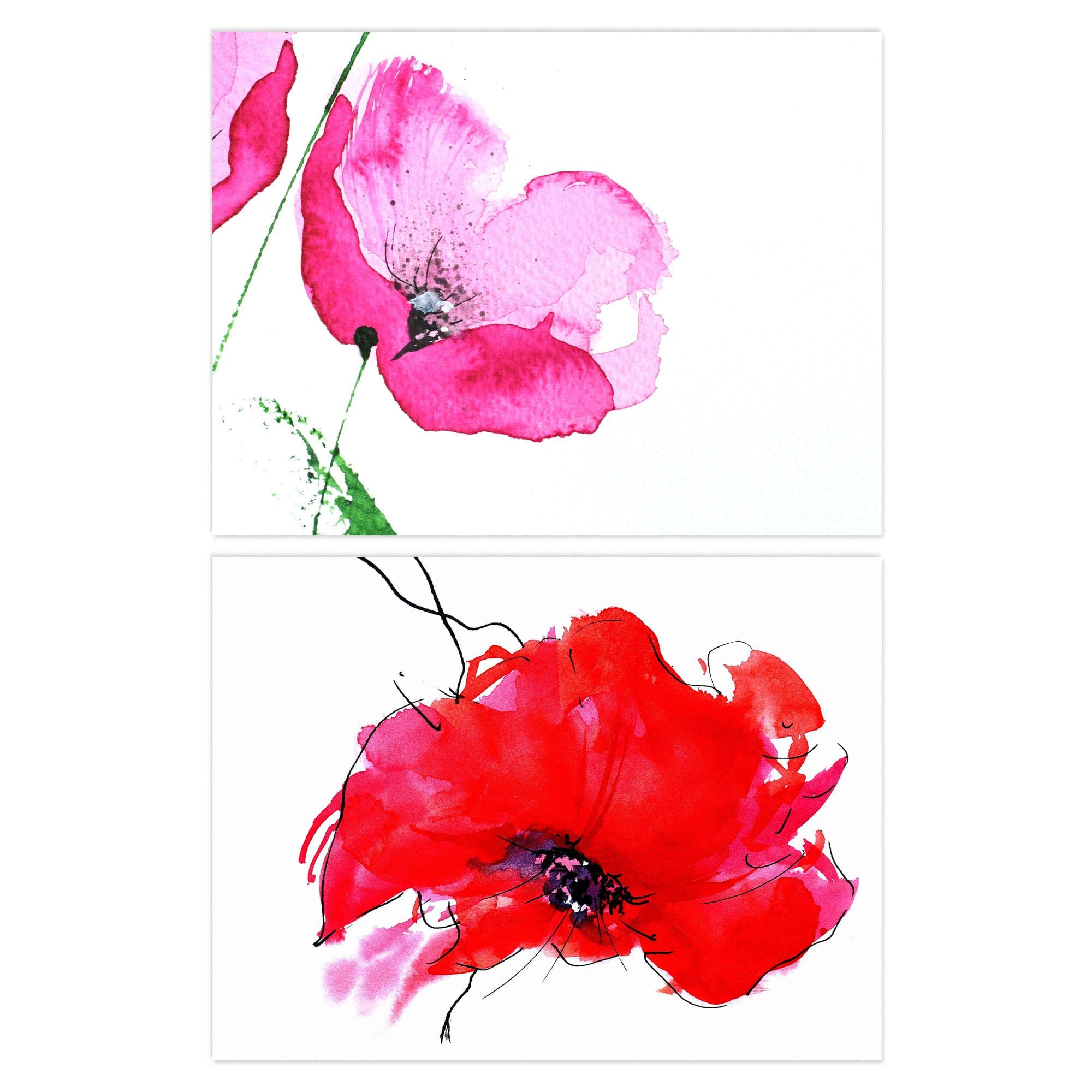Wall Art Print Pack 2 A4 Pink Poppy Flowers Delicate Watercolour Bloom Floral Botanical Aesthetic Living Room s Set