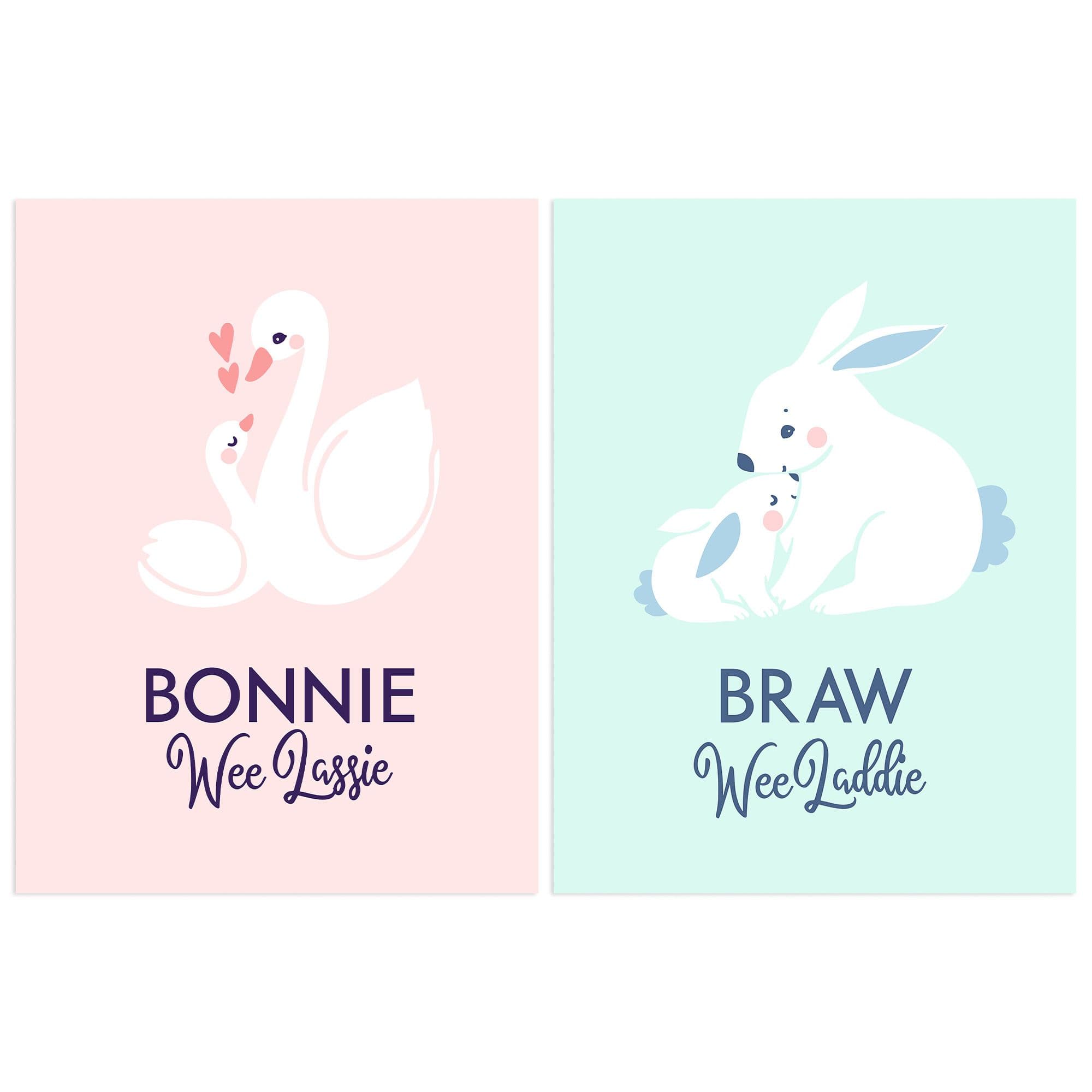 Wall Art Print Pack 2 A4 Scottish Nursery Bonnie Wee Lassie Laddie Swan Bunny Pink Blue Living Room s Set