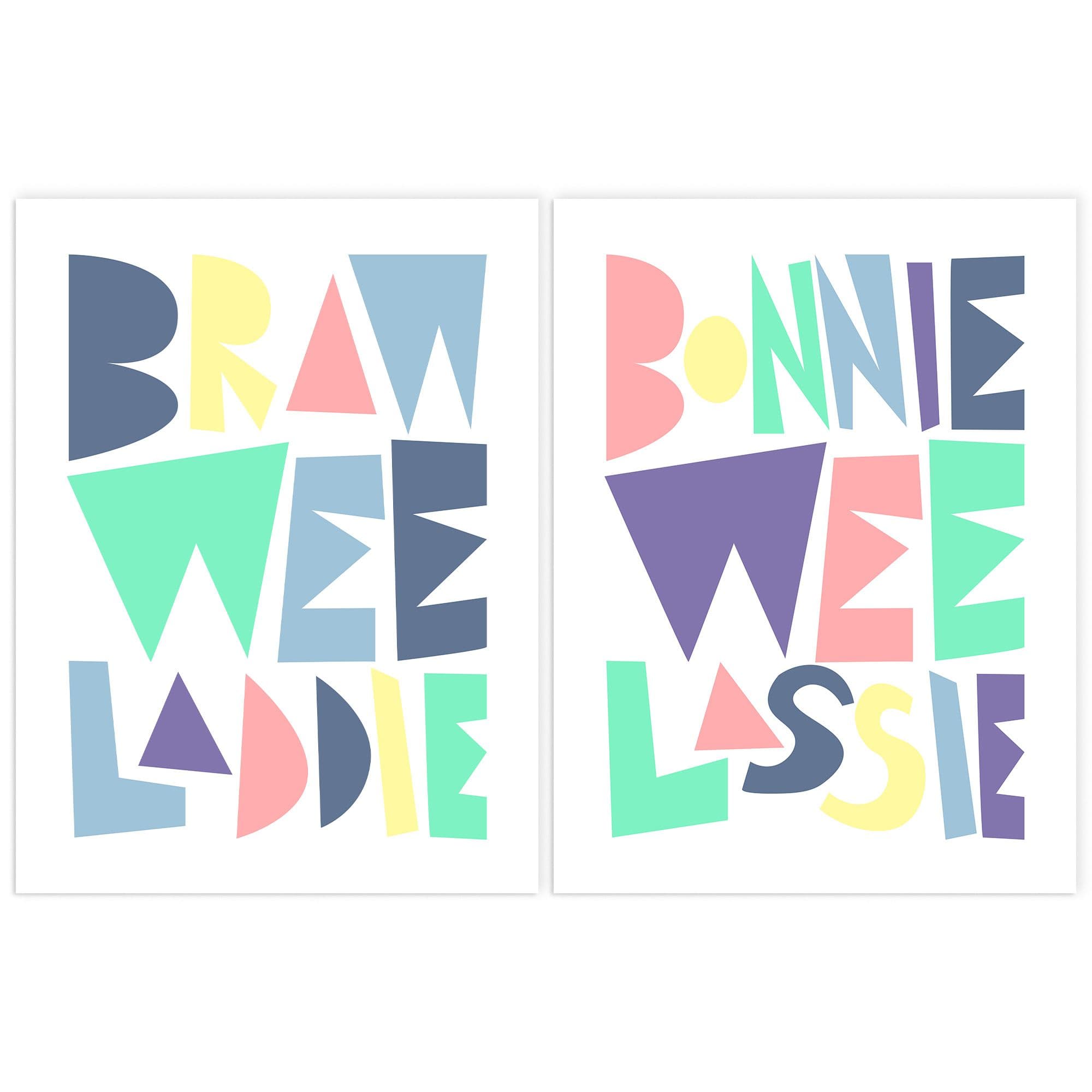 Wall Art Print Pack 2 A4 Scottish Nursery Bonnie Wee Lassie Laddie Pastel Typography Design Living Room s Set