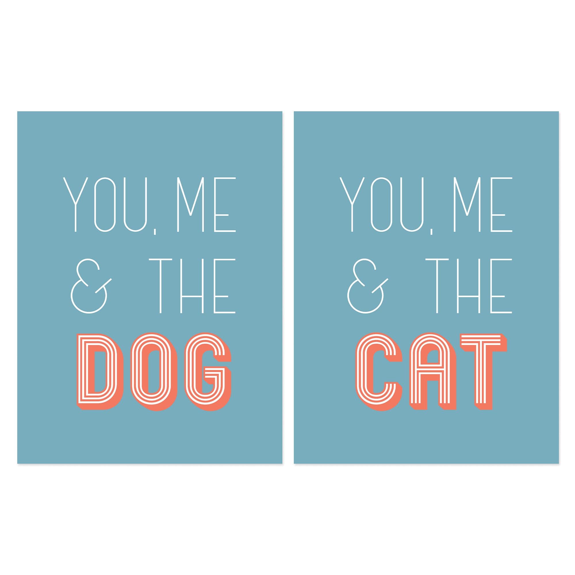 Wall Art Print Pack of 2 A4 You Me and the Cat Dog Retro Typography Teal Blue Coral Red Living Room s Set