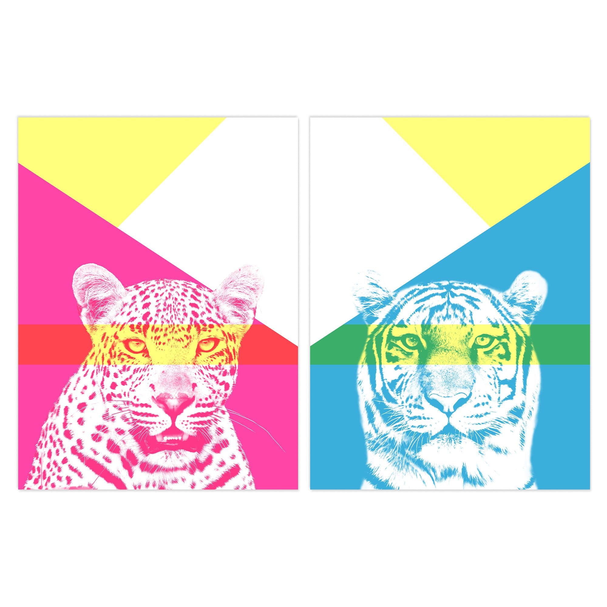 Wall Art Print Pack 2 A4 Neon Tiger Leopard Vivid Jungle Animal Portrait Bold Geometric Design Living Room s Set