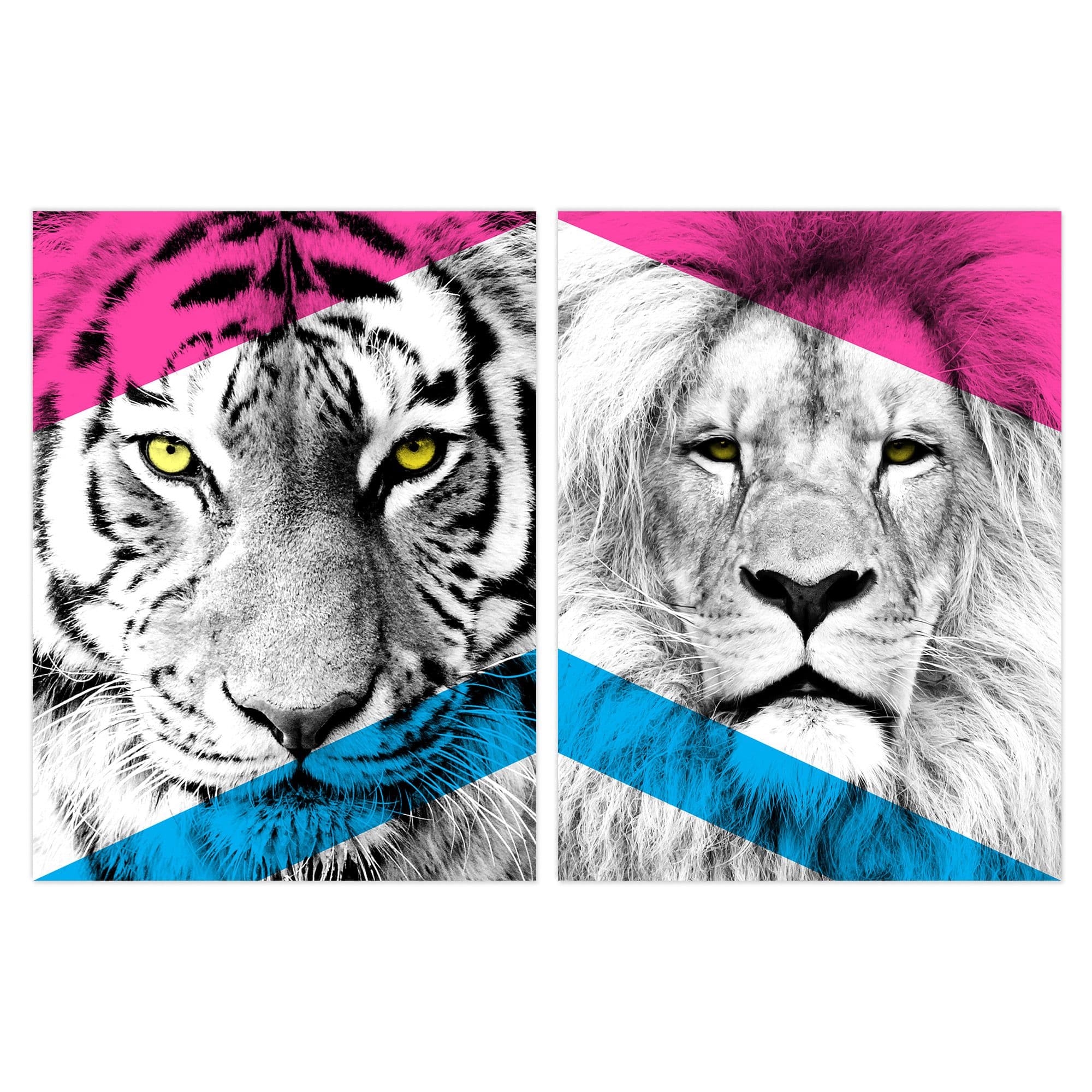 Wall Art Print Pack 2 A4 Neon Tiger Lion Vivid Jungle Animal Portrait Bold Geometric Design Poster Living Room s Set